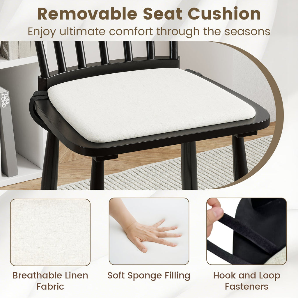Dining Chairs Set of 2 Farmhouse Solid Rubber Wood Windsor Chairs with Removable Seat Cushions-Black