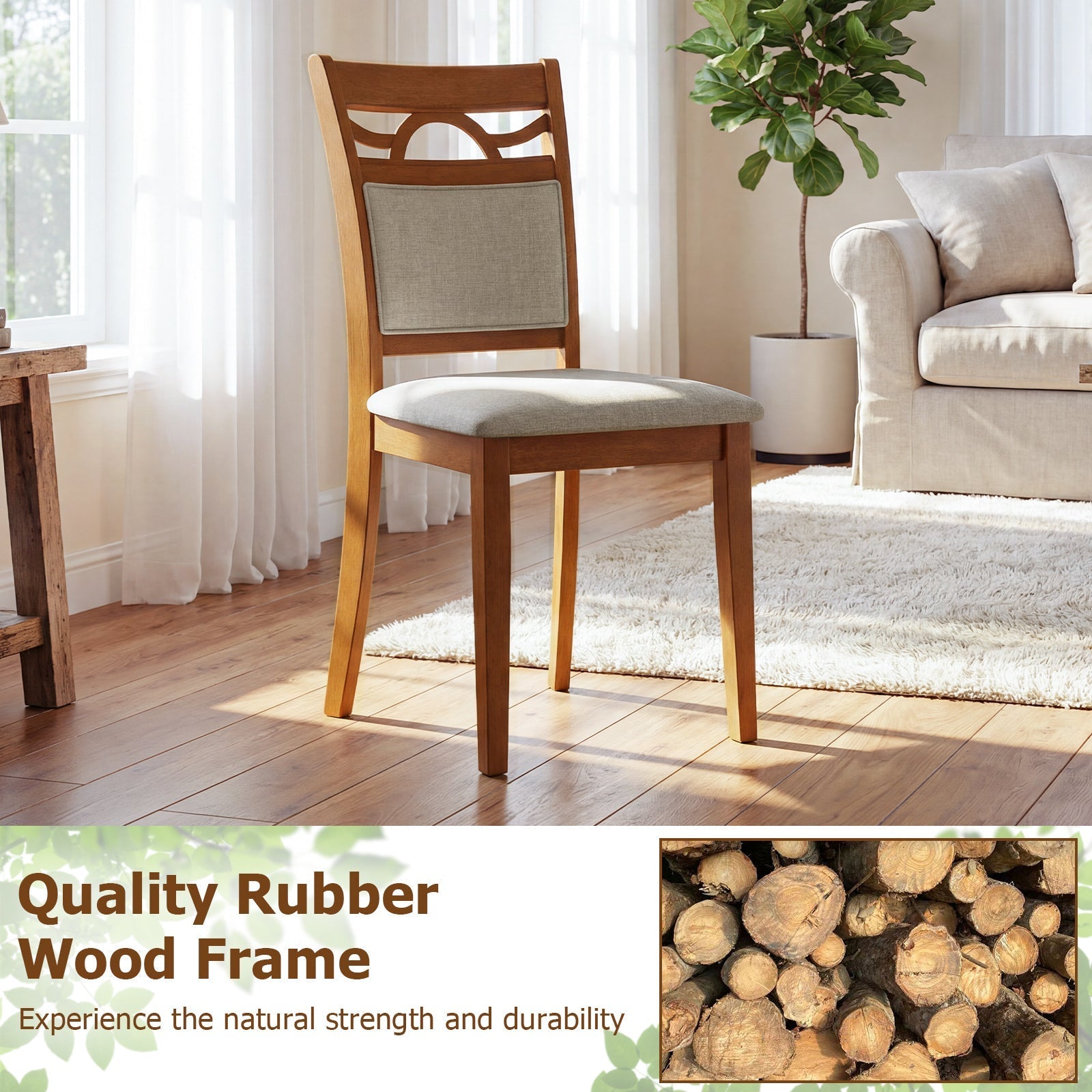 Dining Chairs Set of 2 Dining Room Chairs with Rubber Wood Frame-Brown