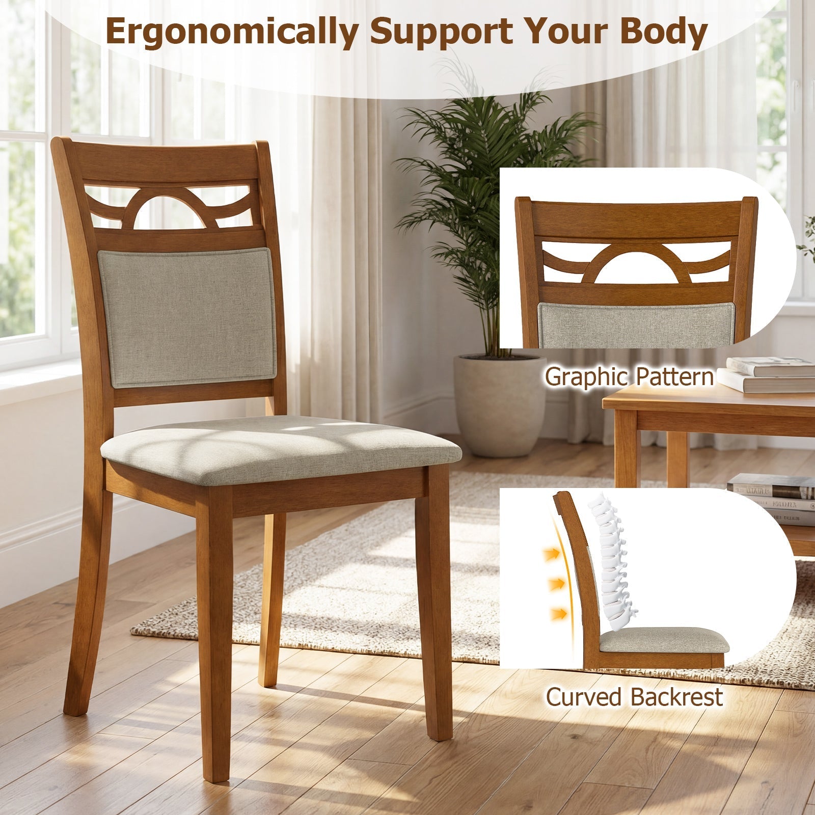 Dining Chairs Set of 2 Dining Room Chairs with Rubber Wood Frame-Brown