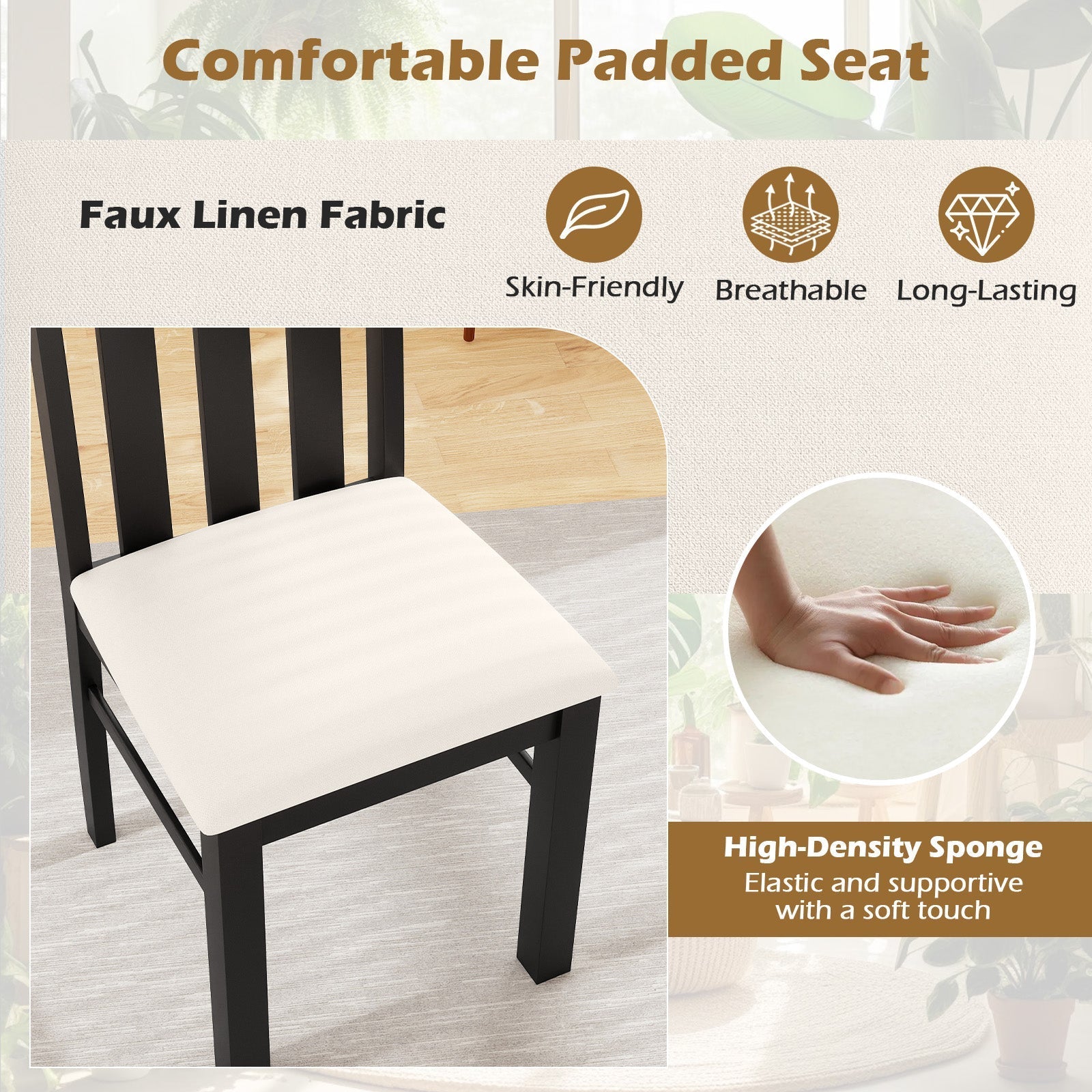 Dining Chairs Set of 2 High Back Dining Room Chairs with Padded Seat and Rubber Wood Frame-Black