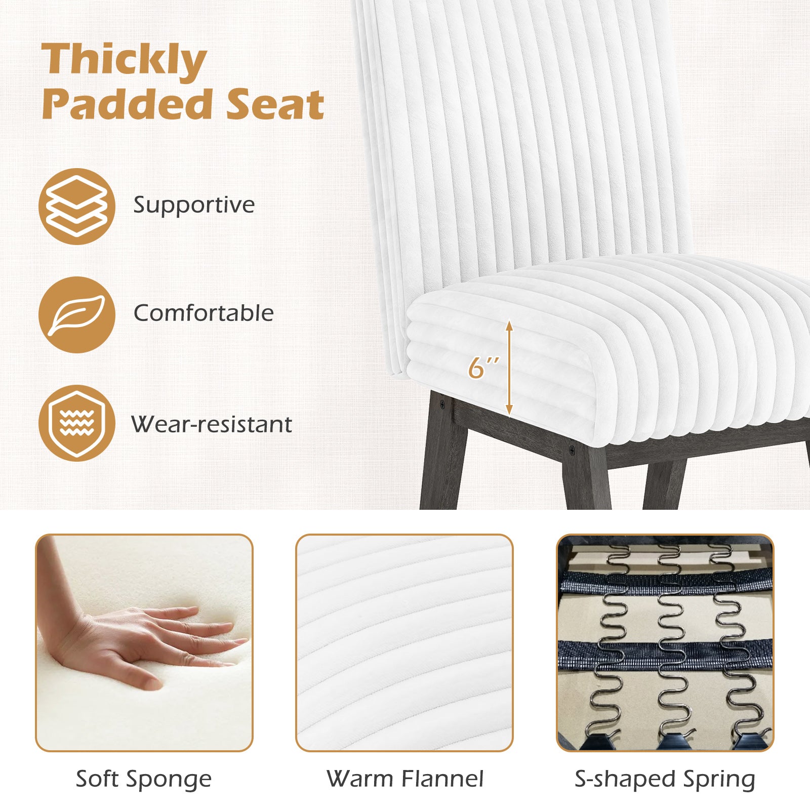 Dining Chairs Set of 2 Fabric Upholstered Kitchen Chairs with Padded Seatand Rubber Wood Legs-White+Grey