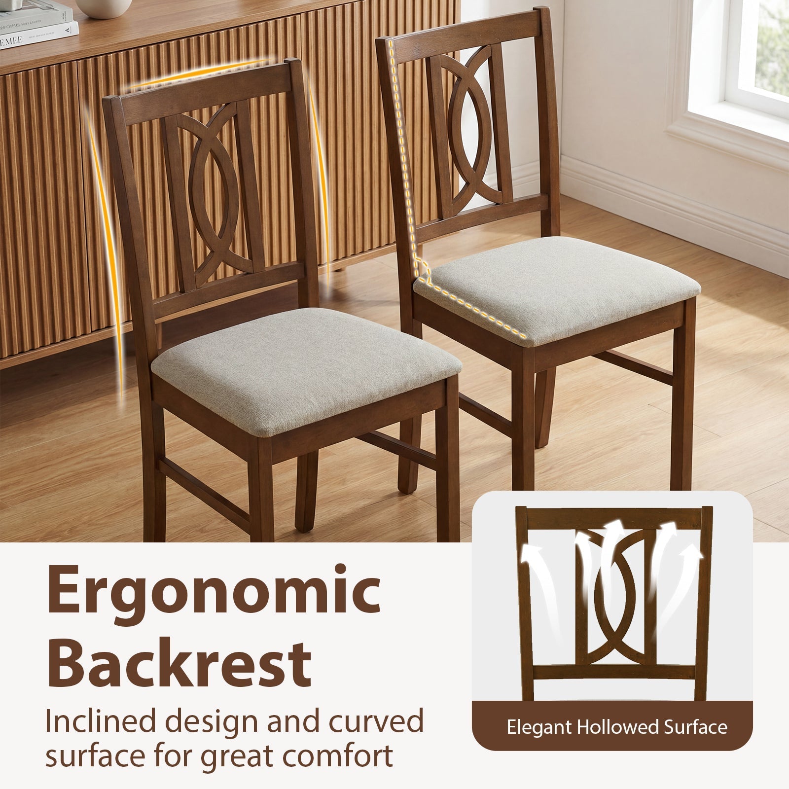 Dining Chairs Set of 2 Rubber Wood Dining Room Chairs with Hollowed Backrest-Walnut