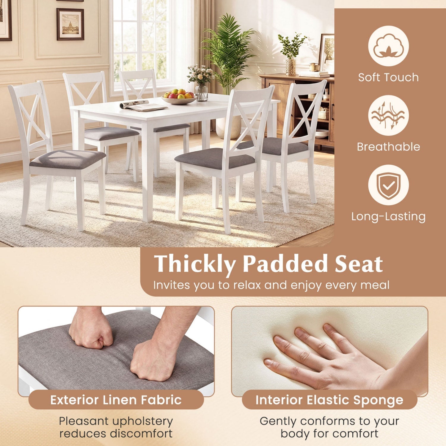 Dining Chairs Set of 4 Rubber Wood Dining Room Chairs with Comfortable Backrest and Padded Seat