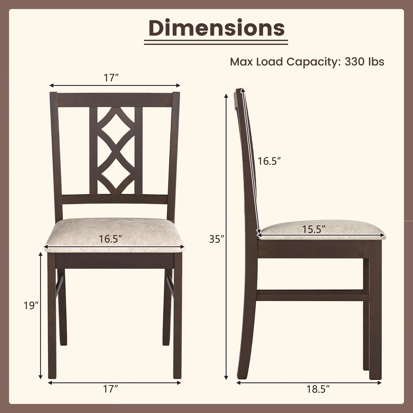 Dining Room Chairs Set of 2 Rubber Wood Dining Chairs with Hollowed Backrest-Brown