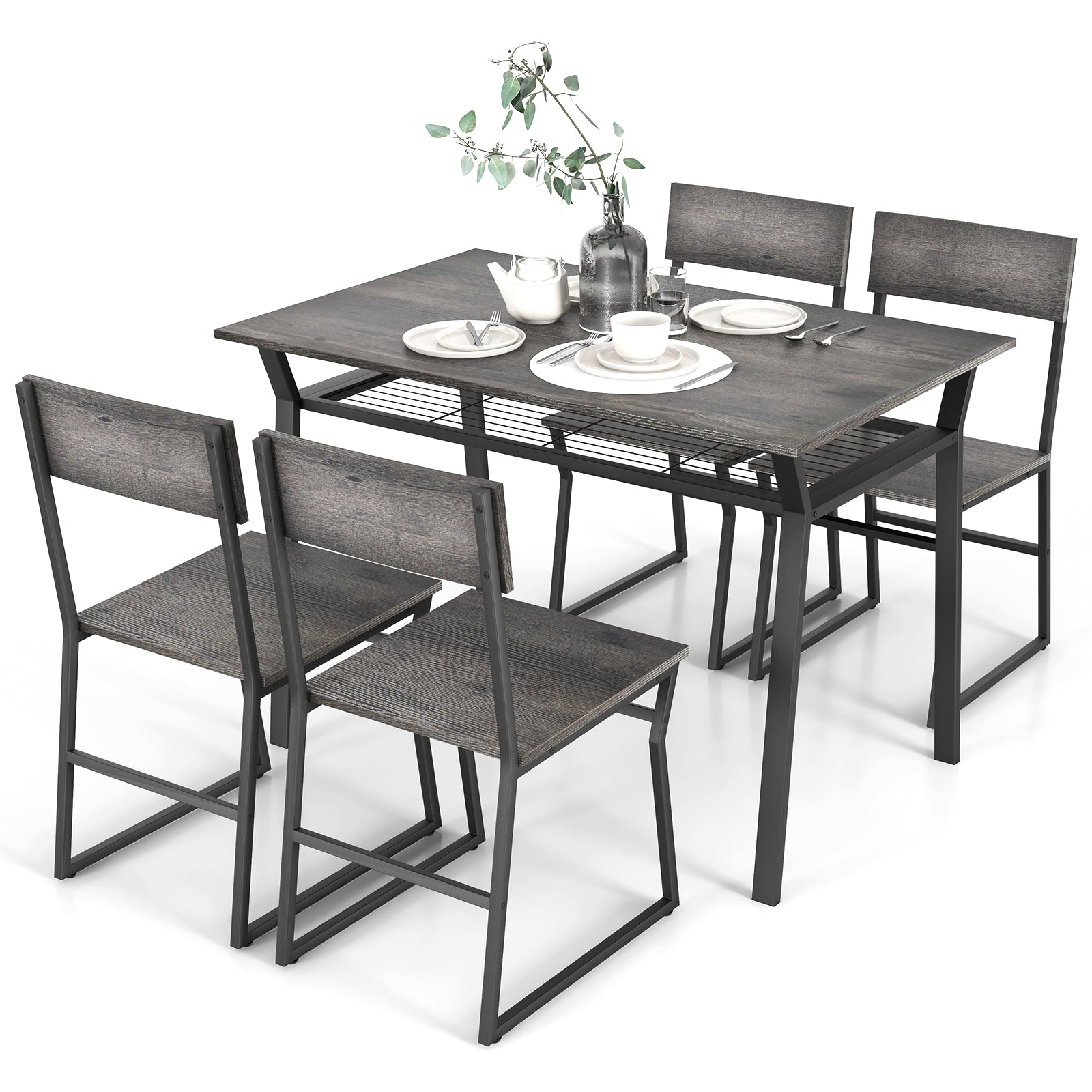 5 Piece Dining Table Set with Storage Rack and Metal Frame
