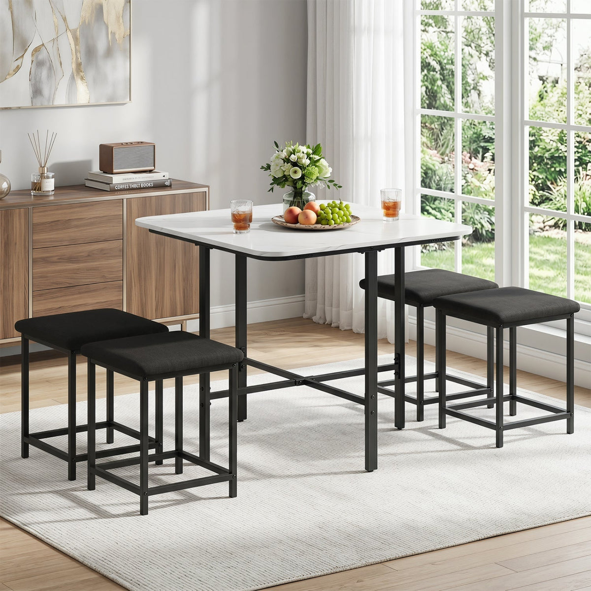 5-Piece Dining Table Set with 4 Upholstered Stools