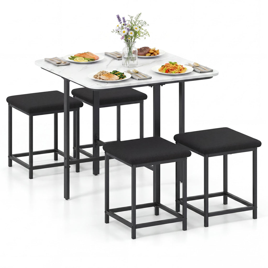 5-Piece Dining Table Set with 4 Upholstered Stools