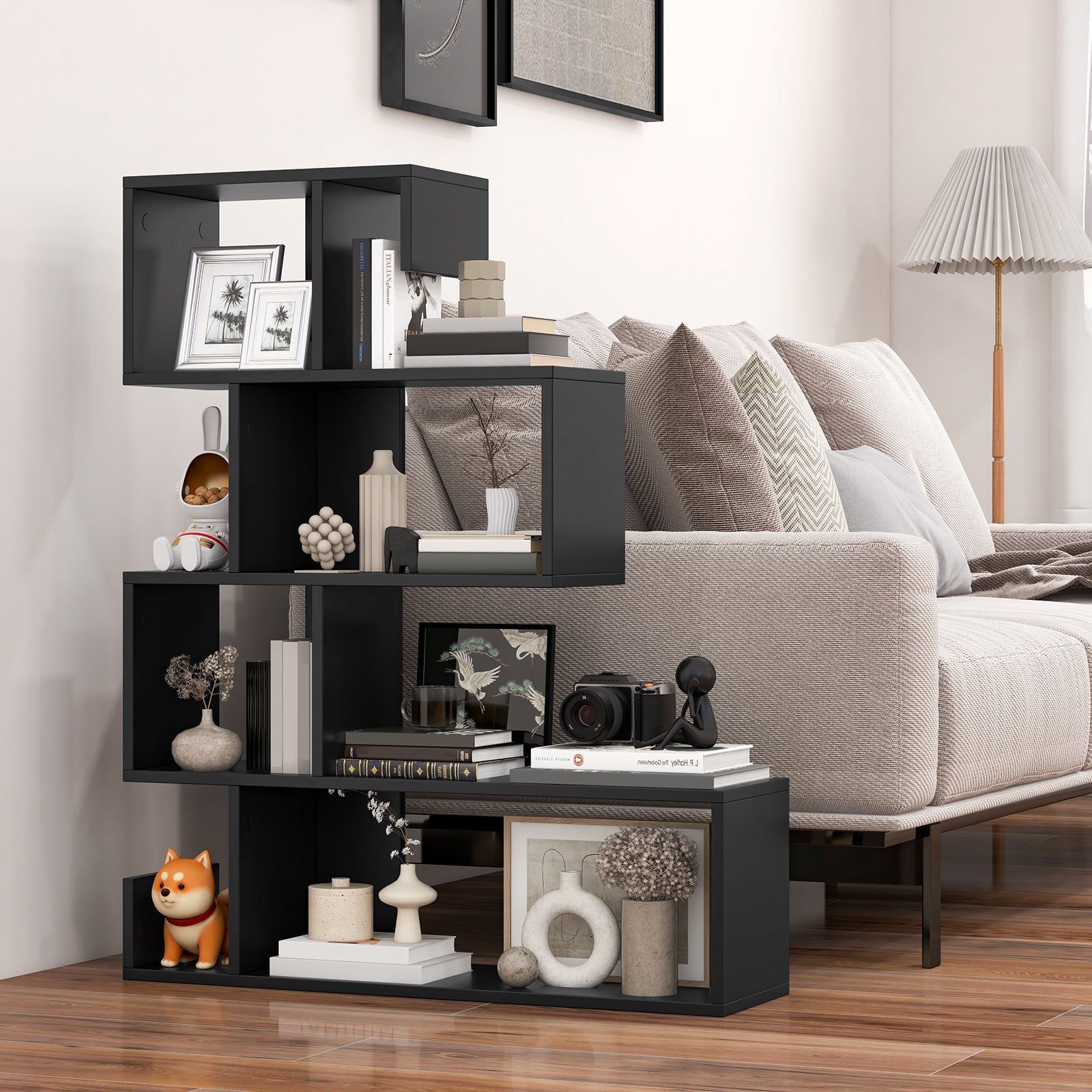 5-Tier S-Shaped Bookshelf Geometric Z-Shelf Bookcase with Open Cubes
