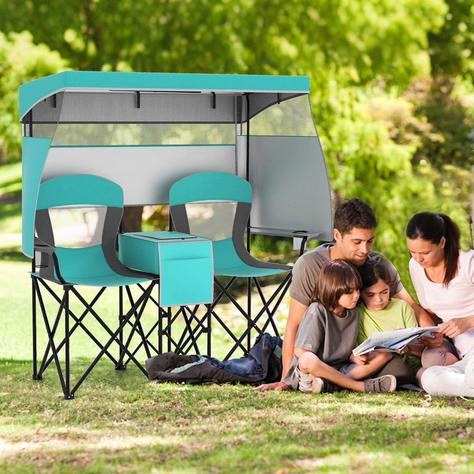 Double Beach Chair with Adjustable Canopy and 3 -Side Shading Curtains
