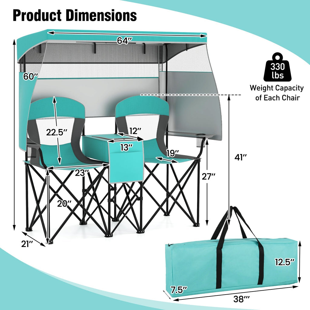 Double Beach Chair with Adjustable Canopy and 3 -Side Shading Curtains