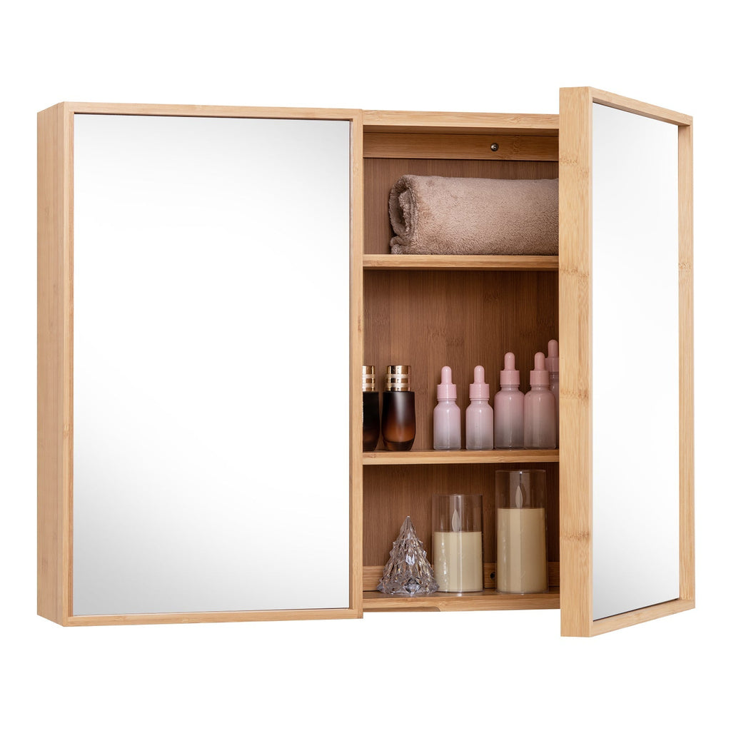 Double Door Bathroom Wall Cabinet with Mirror and Adjustable Shelves-Natural