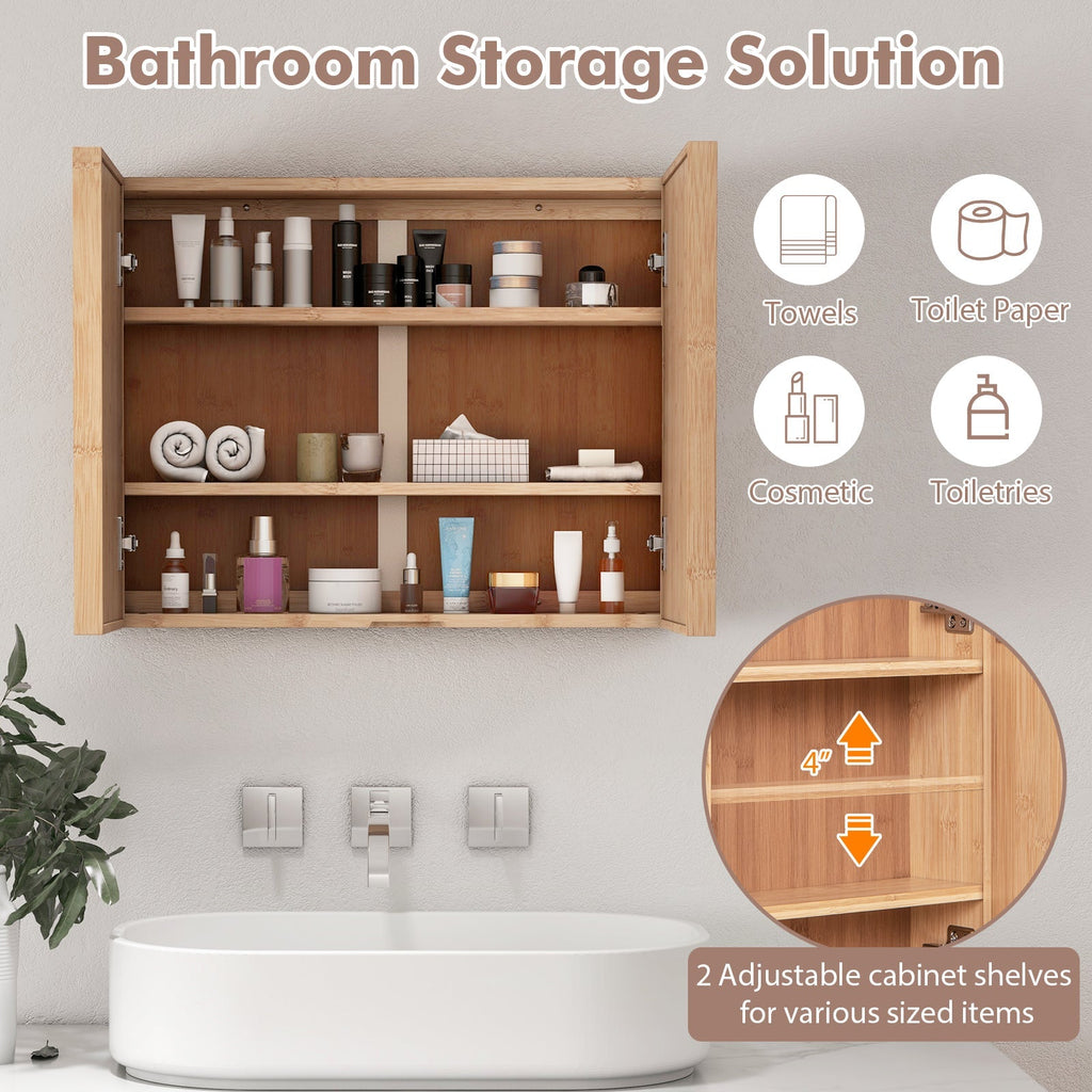 Double Door Bathroom Wall Cabinet with Mirror and Adjustable Shelves-Natural