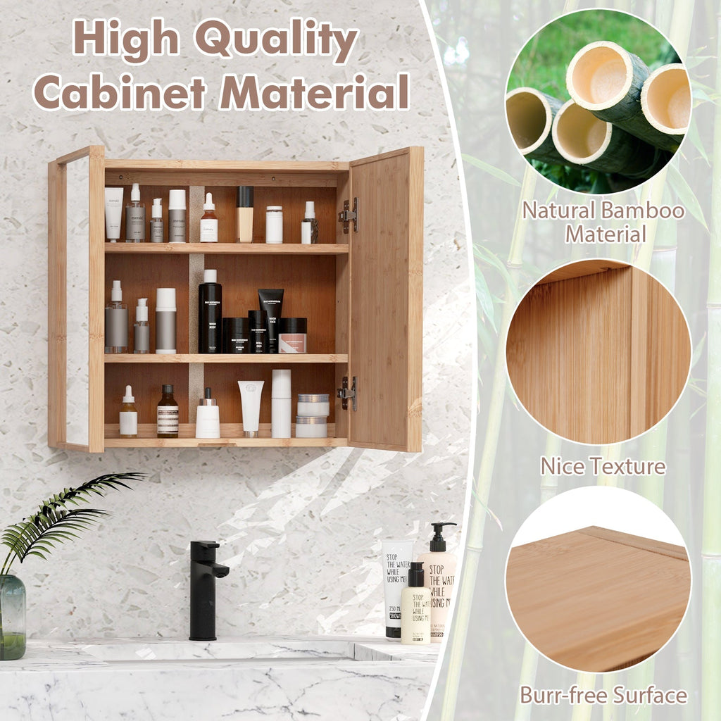 Double Door Bathroom Wall Cabinet with Mirror and Adjustable Shelves-Natural