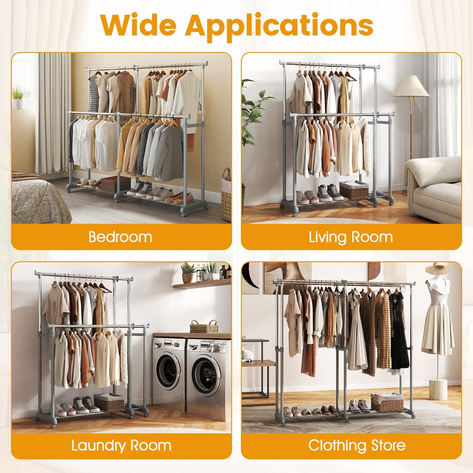 Double Rod Clothes Rack Heavy-Duty Metal Garment Rack