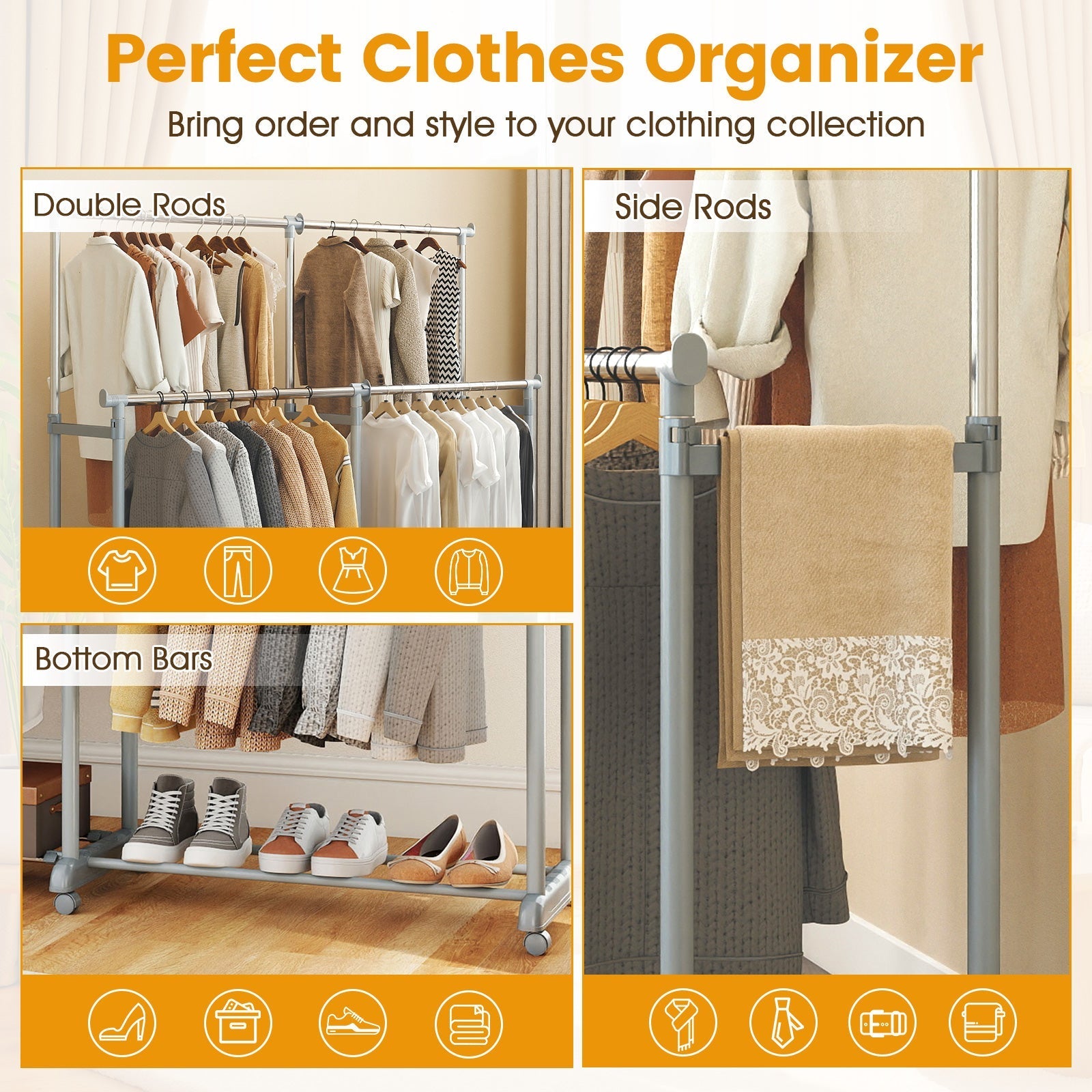 Double Rod Clothes Rack Heavy-Duty Metal Garment Rack