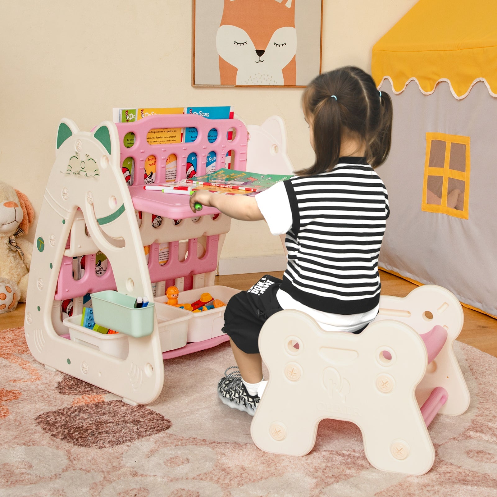 3-In-1 Double Sided Magnetic Dry-Erase Board with Stool and Flipped Writing Desktop
