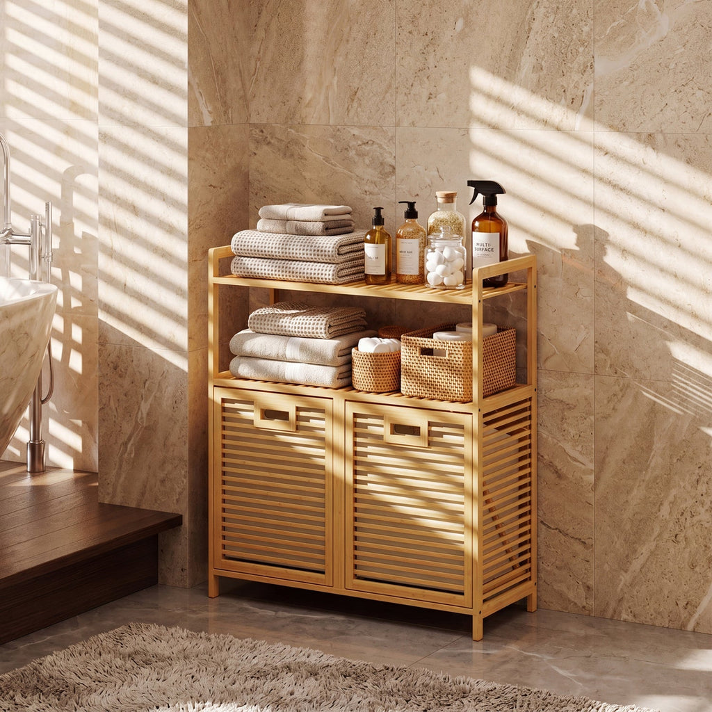 Double Tilt-Out Laundry Hamper with 2 Shelves - Natural Bamboo