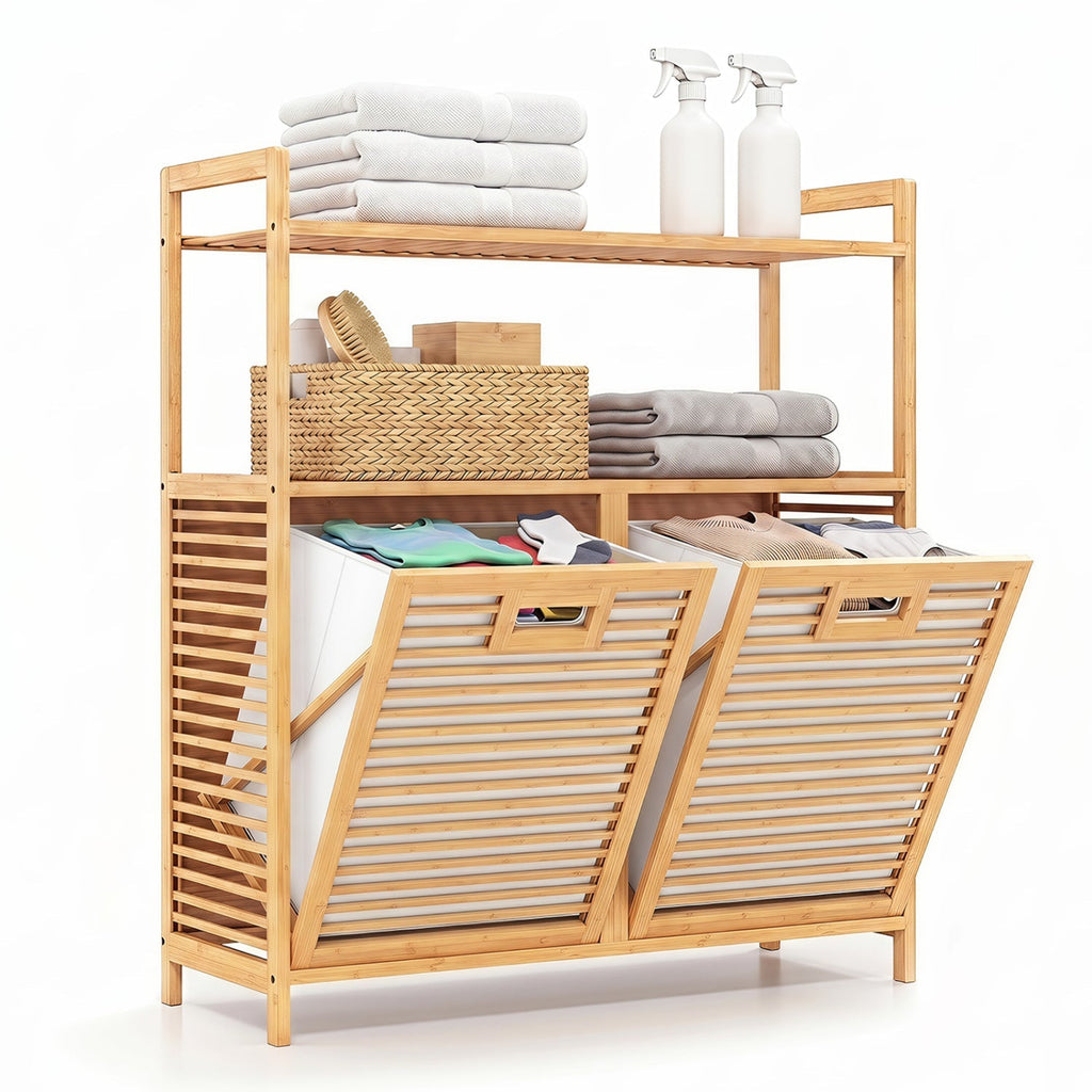 Double Tilt-Out Laundry Hamper with 2 Shelves - Natural Bamboo