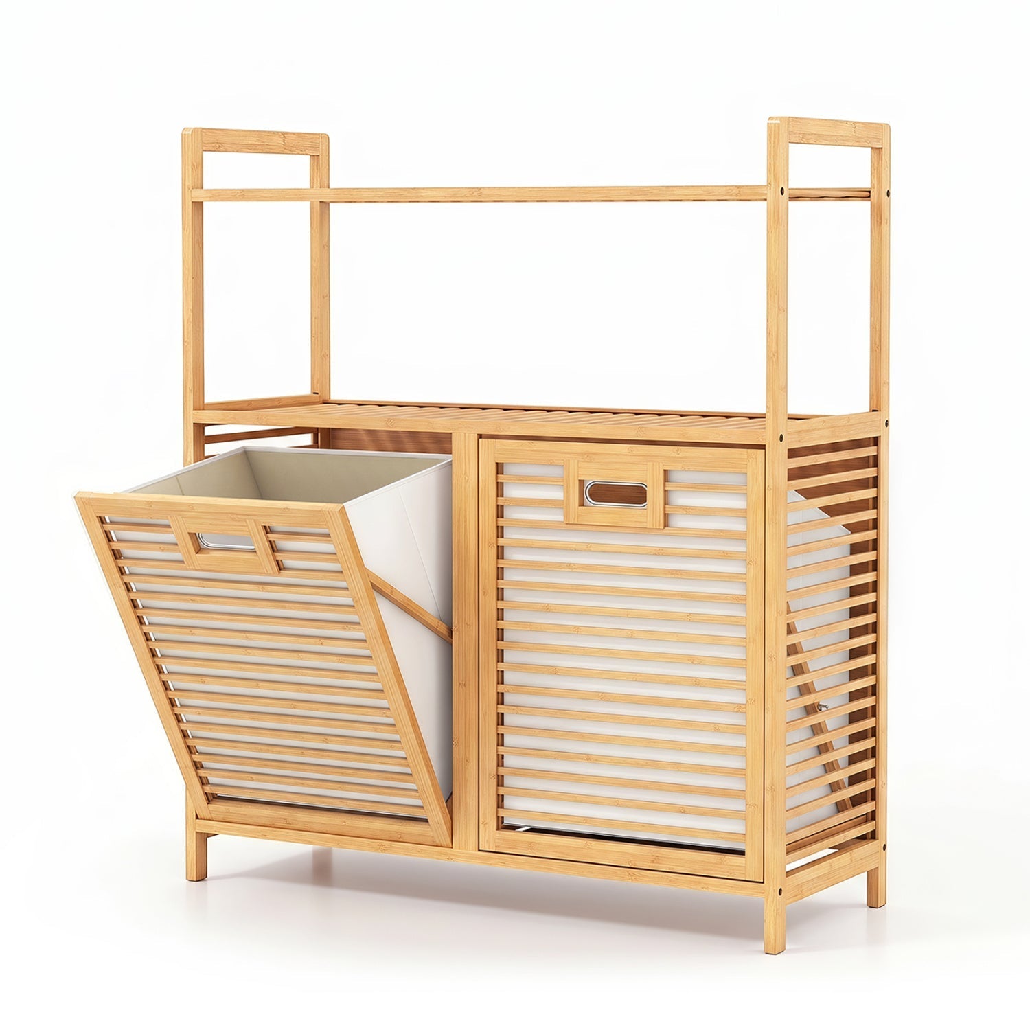 Double Tilt-Out Laundry Hamper with 2 Shelves - Natural Bamboo