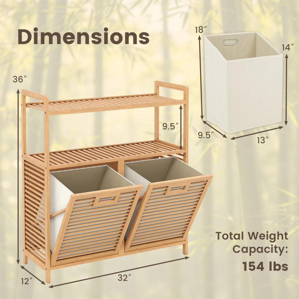 Double Tilt-Out Laundry Hamper with 2 Shelves - Natural Bamboo