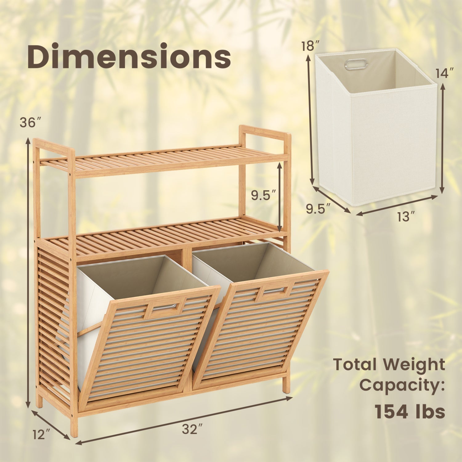 Double Tilt-Out Laundry Hamper with 2 Shelves - Natural Bamboo
