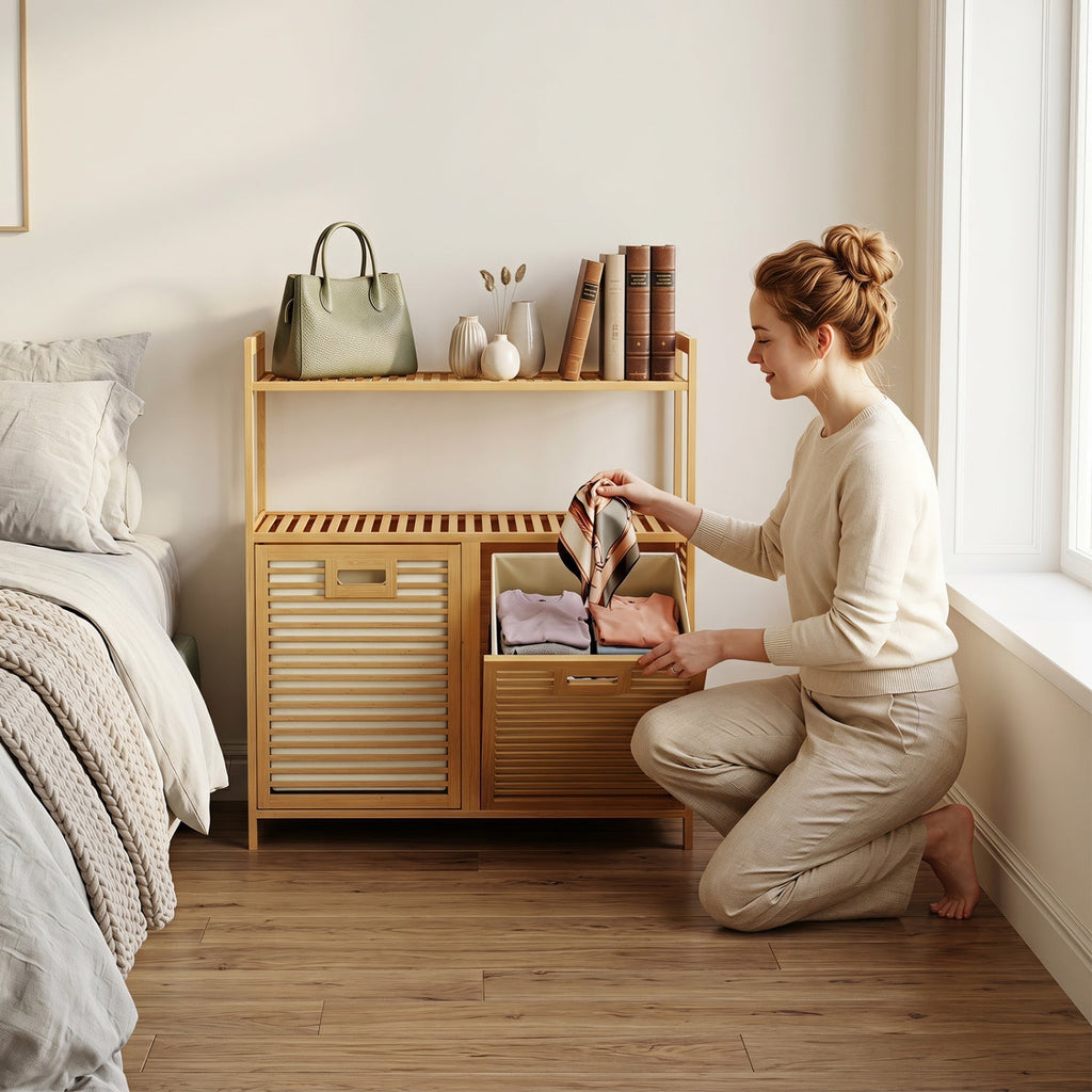 Double Tilt-Out Laundry Hamper with 2 Shelves - Natural Bamboo