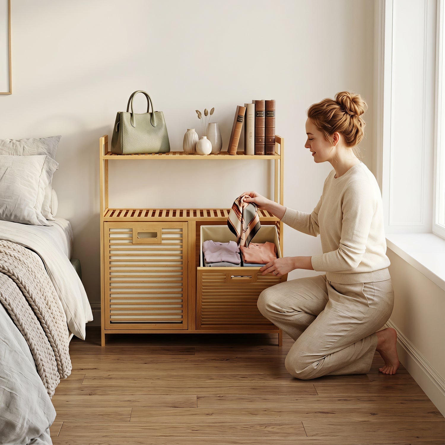 Double Tilt-Out Laundry Hamper with 2 Shelves - Natural Bamboo