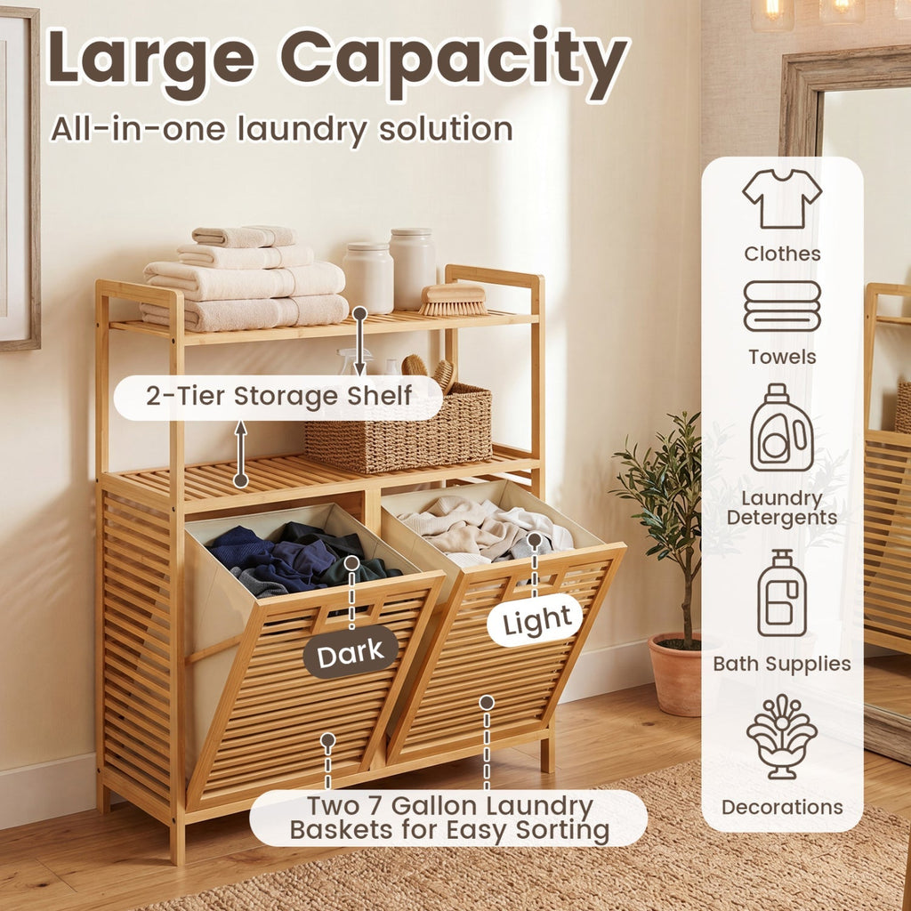 Double Tilt-Out Laundry Hamper with 2 Shelves - Natural Bamboo