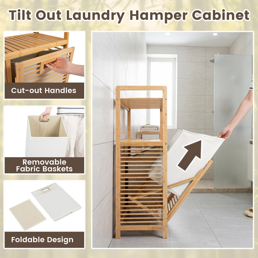 Double Tilt-Out Laundry Hamper with 2 Shelves - Natural Bamboo