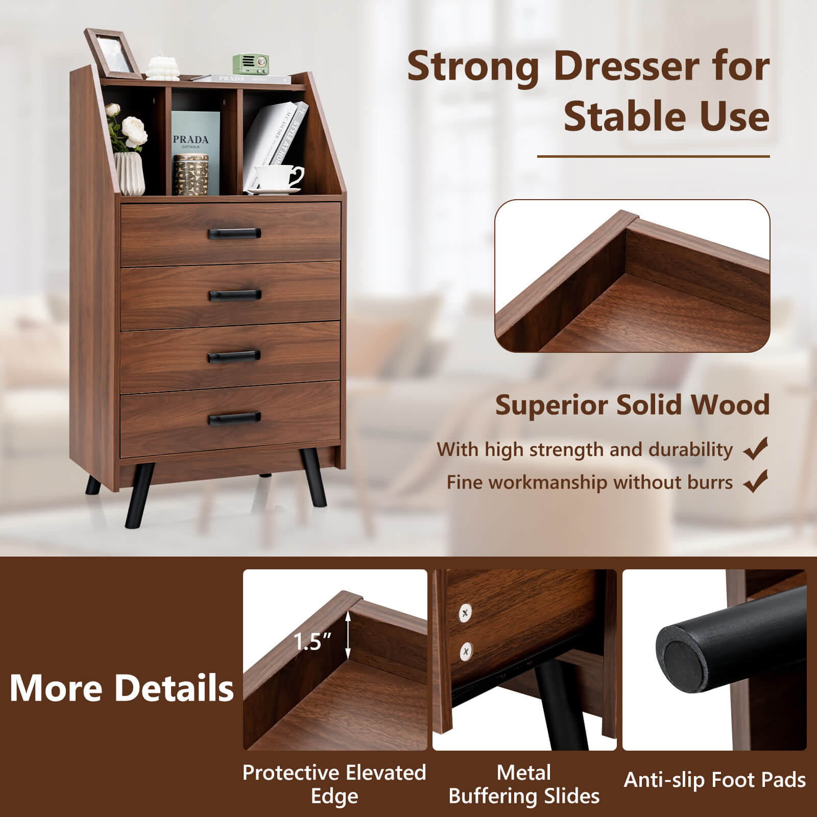 4-Drawer Dresser with 2 Anti-Tipping Kits for Bedroom