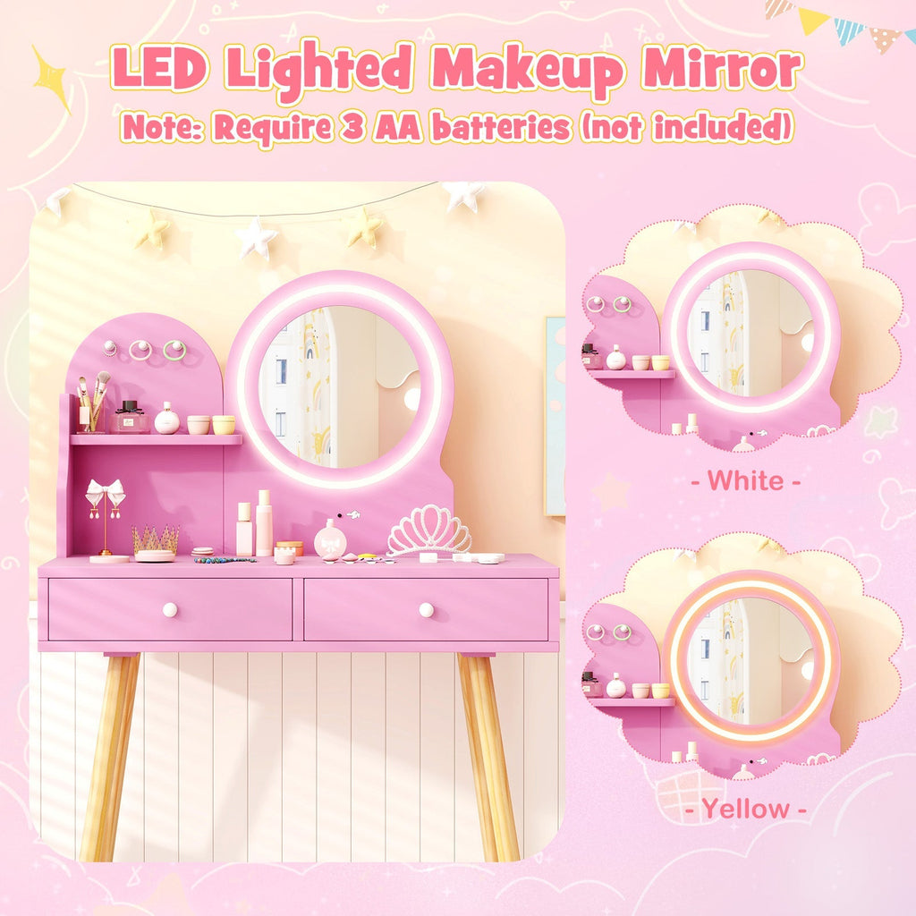 Kids Princess Makeup Dressing Desk and Chair Set with Mirror and Lights