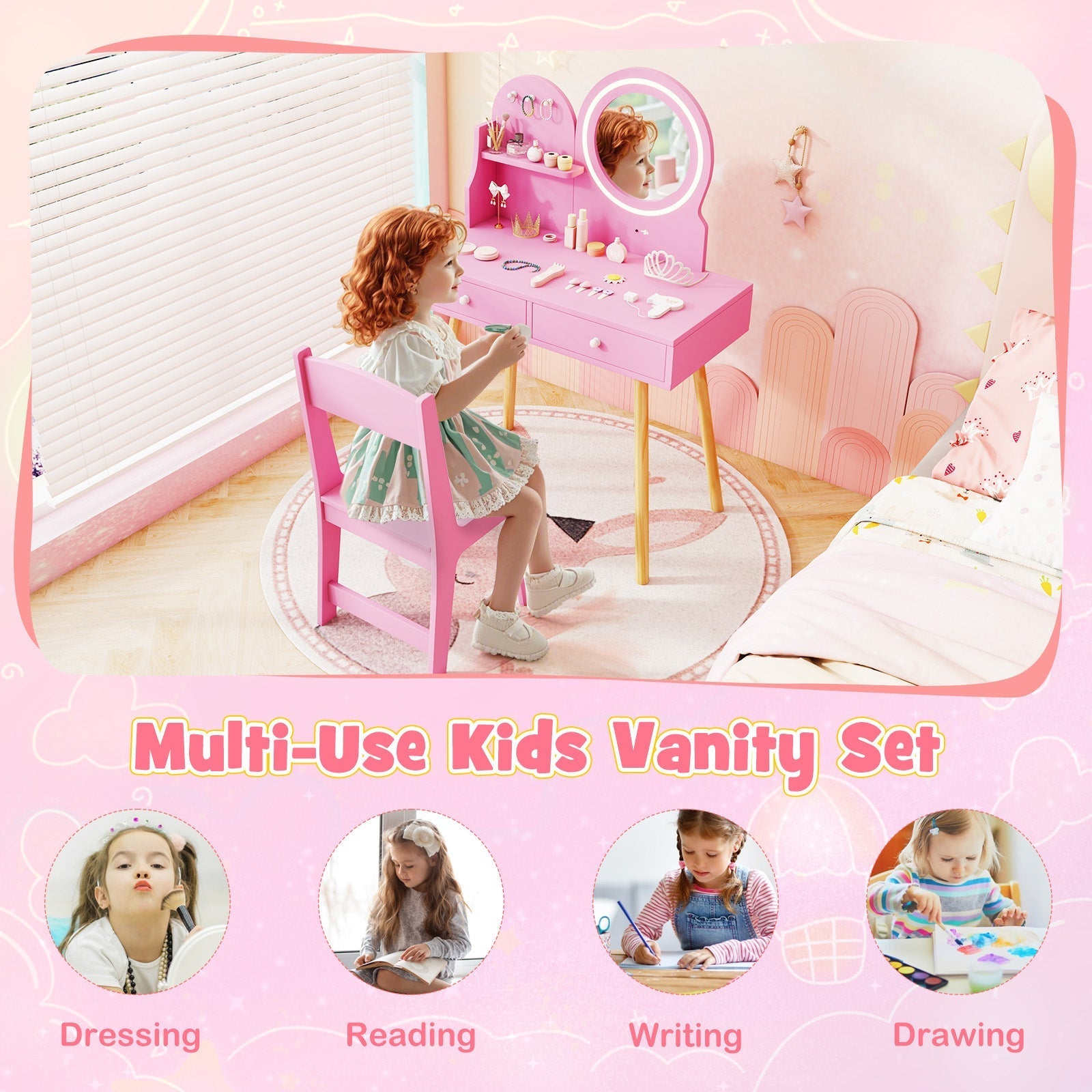 Kids Princess Makeup Dressing Desk and Chair Set with Mirror and Lights