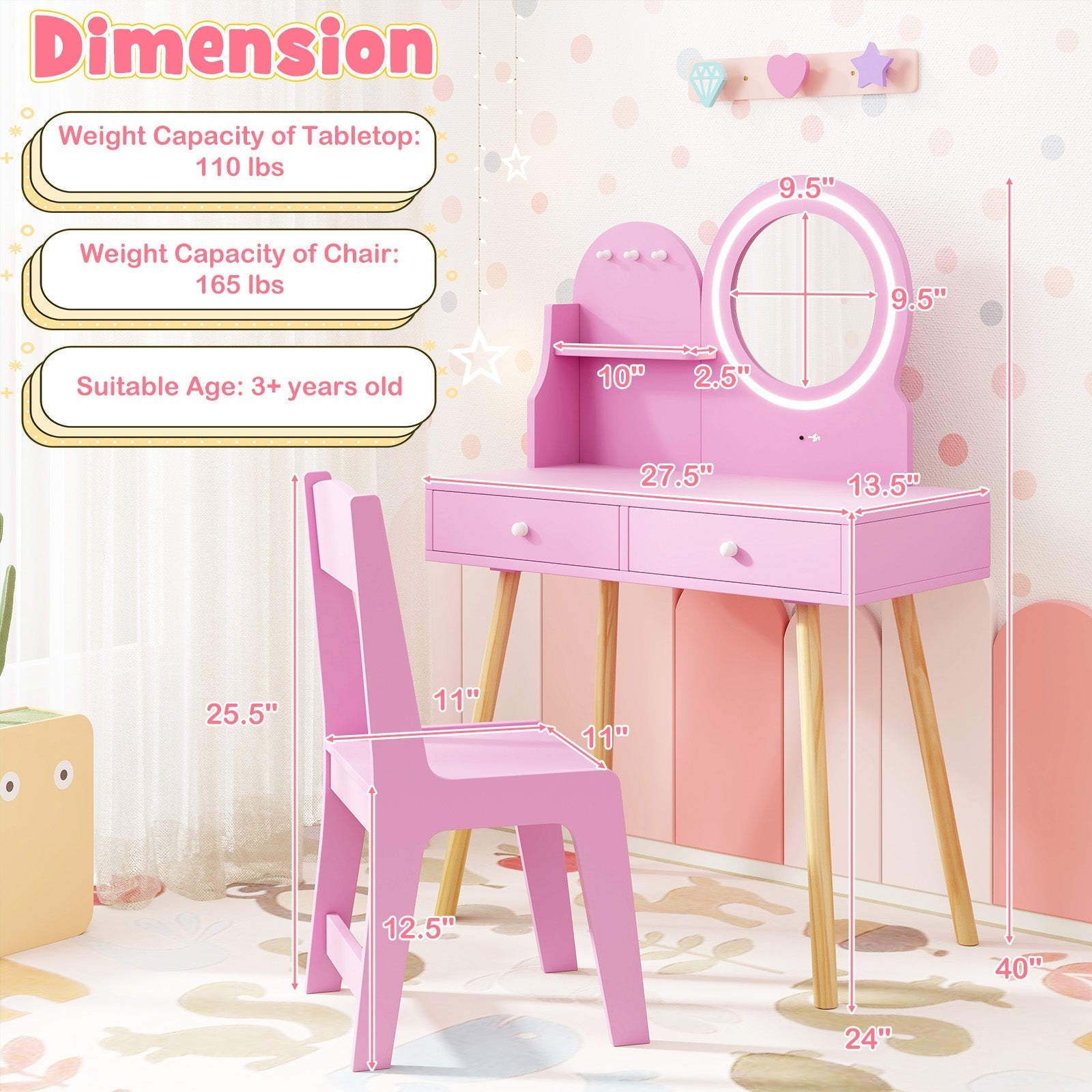 Kids Princess Makeup Dressing Desk and Chair Set with Mirror and Lights