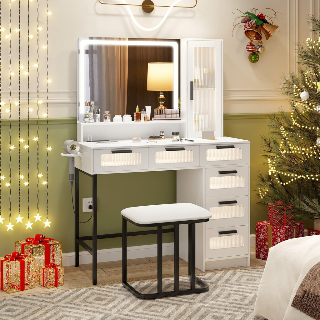 Makeup Vanity Dressing Table and Stool Set with Lights and Charging Station-White