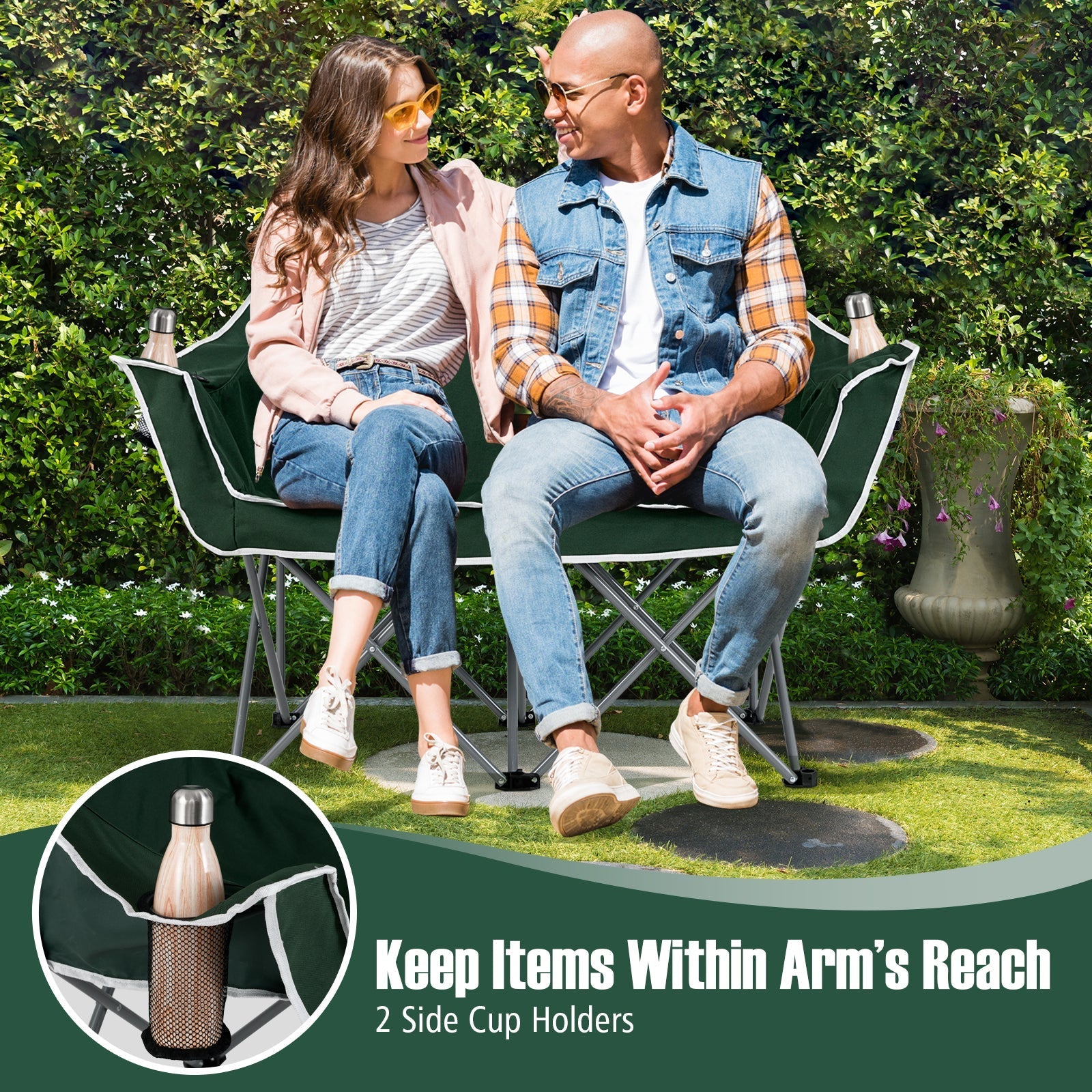 Duo Camping Chair Portable Oversized Loveseat with Armrests and Cup Holders-Green