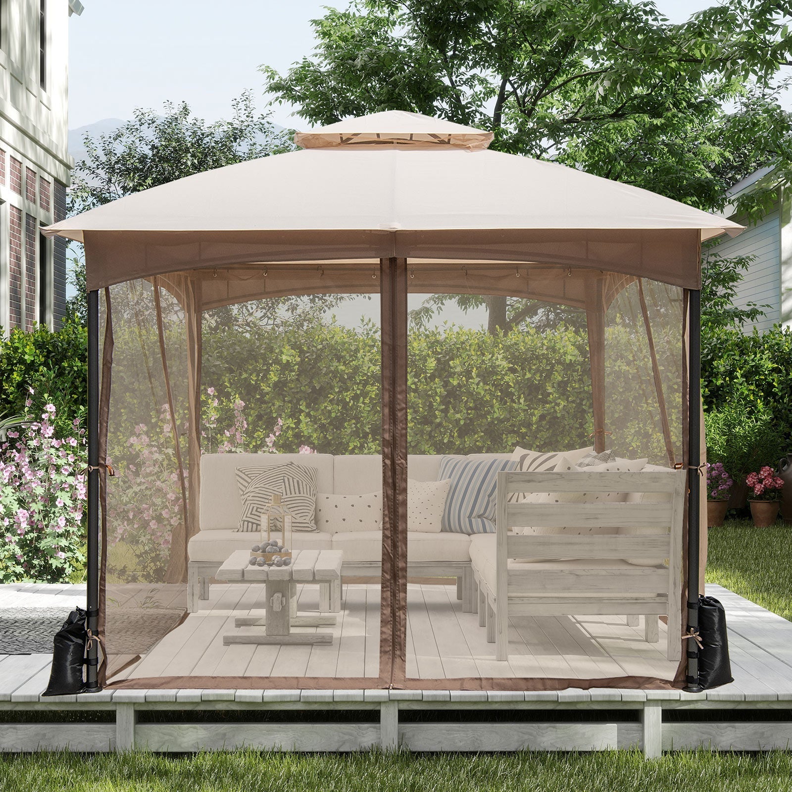 10 X 10 FT Heavy-Duty Patio Gazebo with Netting Walls and 4 Sandbags
