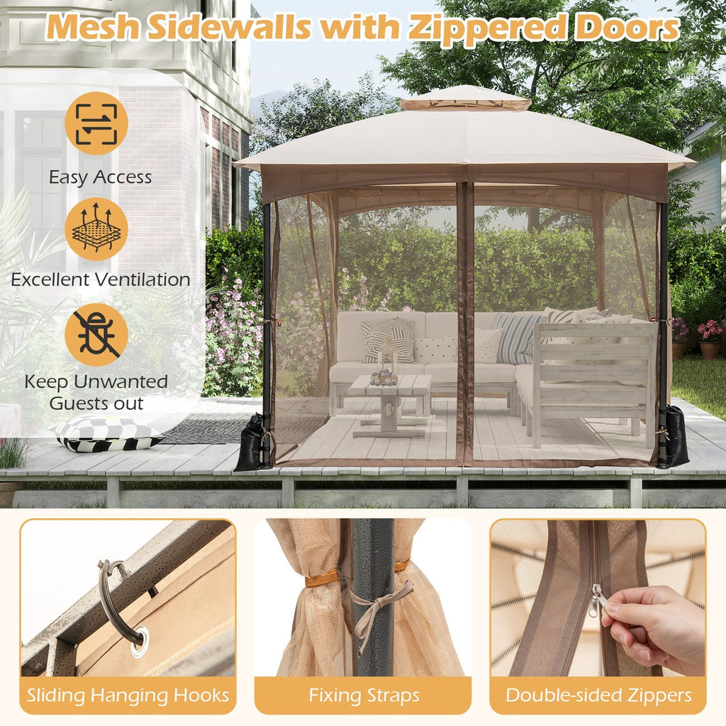 10 X 10 FT Heavy-Duty Patio Gazebo with Netting Walls and 4 Sandbags