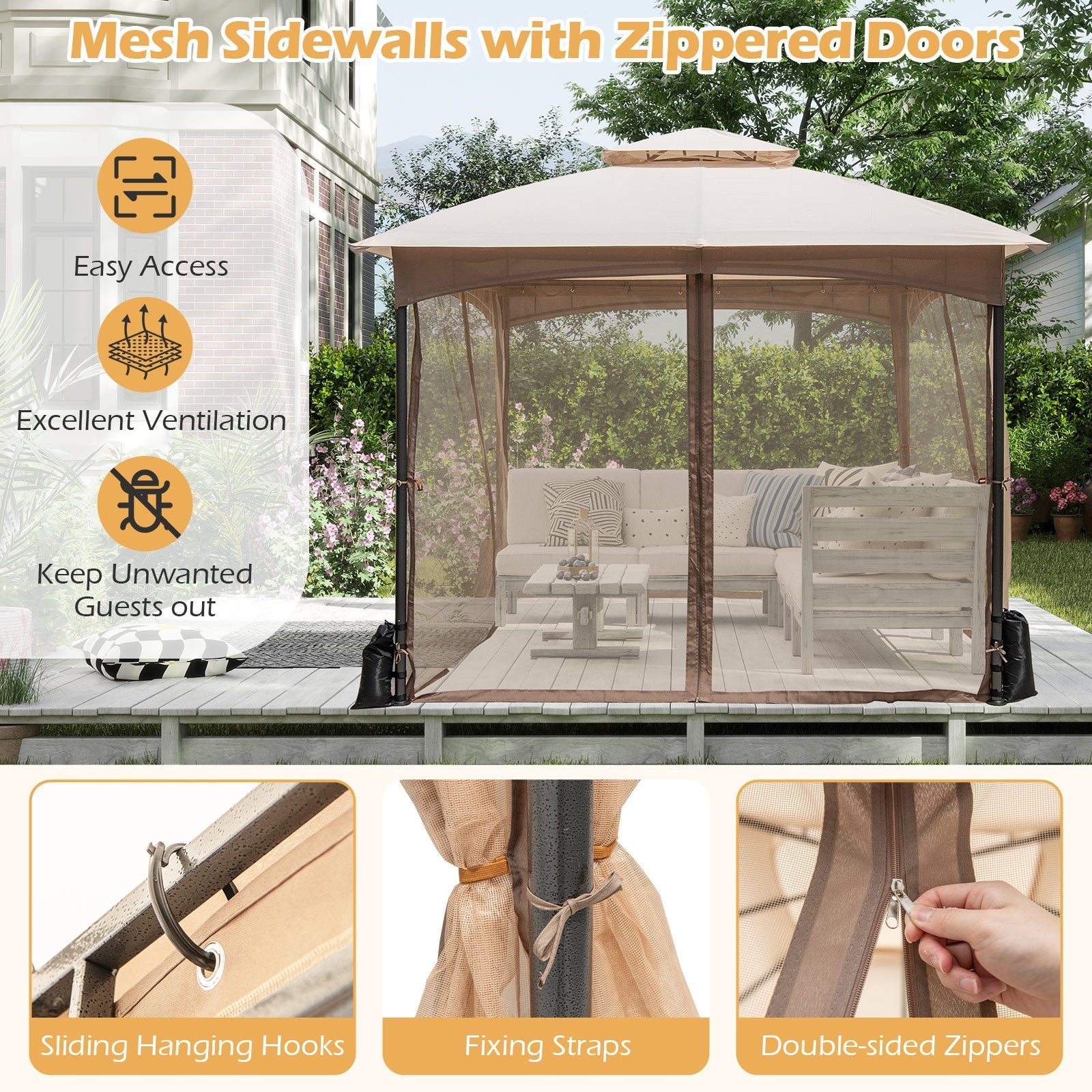 10 X 10 FT Heavy-Duty Patio Gazebo with Netting Walls and 4 Sandbags