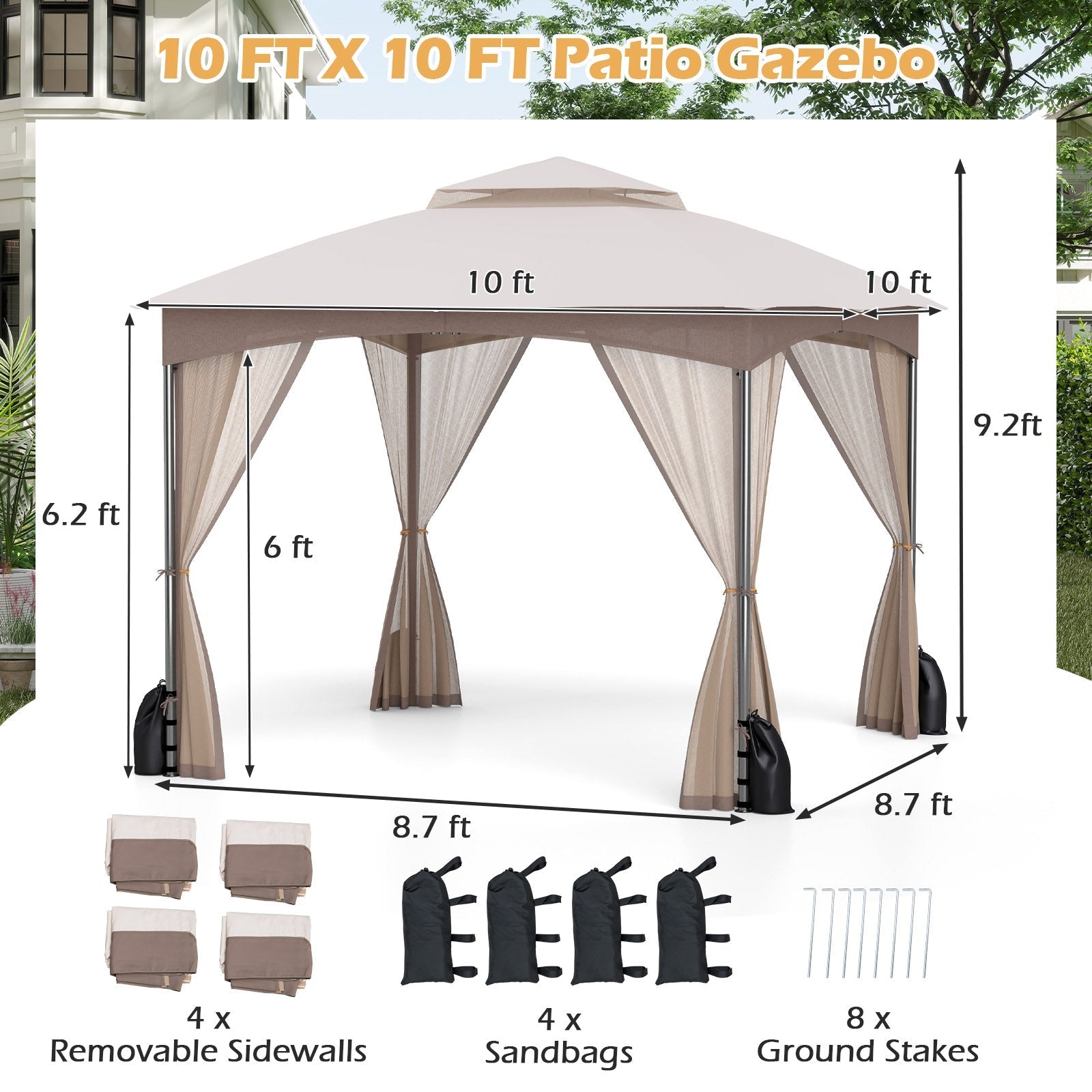 10 X 10 FT Heavy-Duty Patio Gazebo with Netting Walls and 4 Sandbags