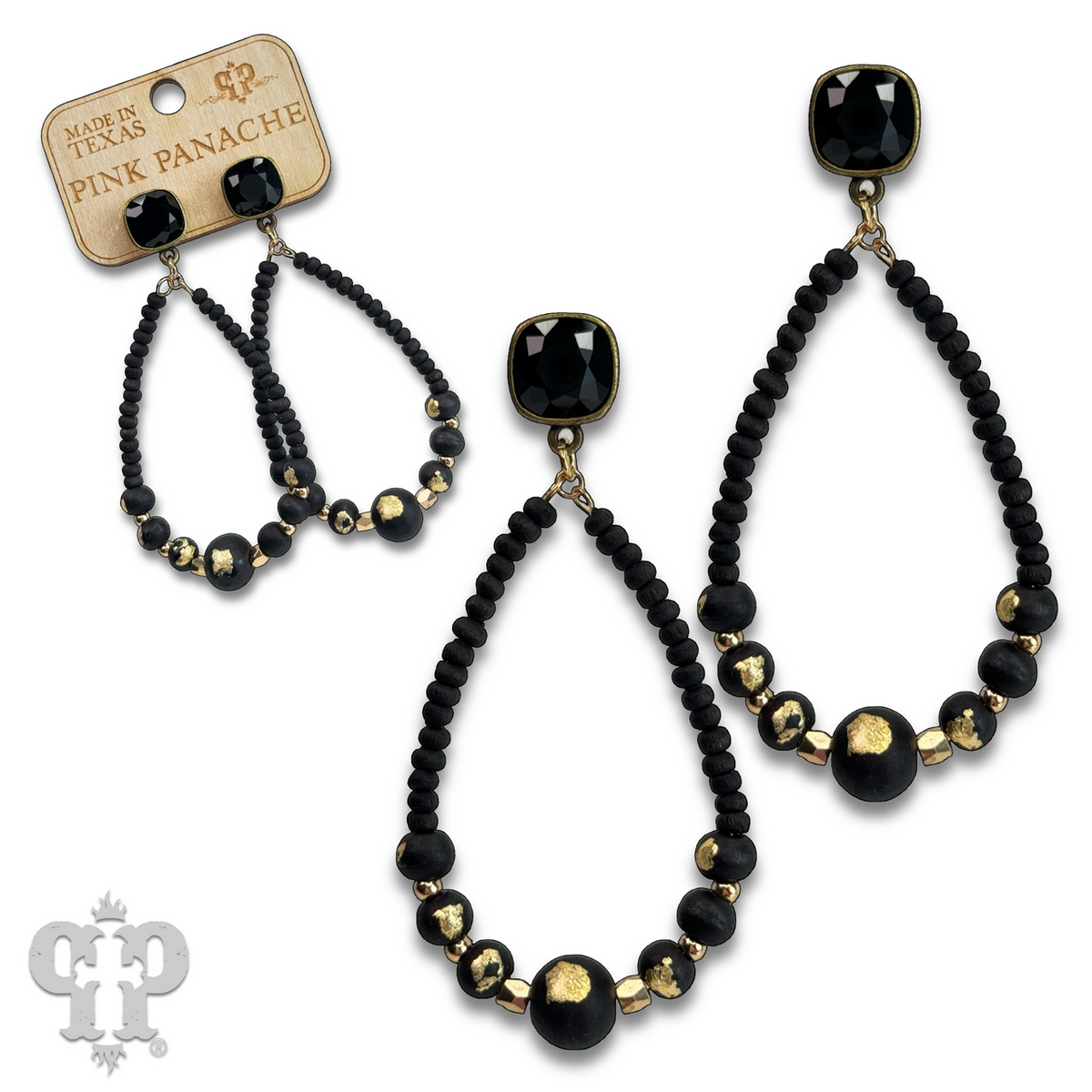 Graduated wood bead teardrop earring with crystals from Swarovski® - LC