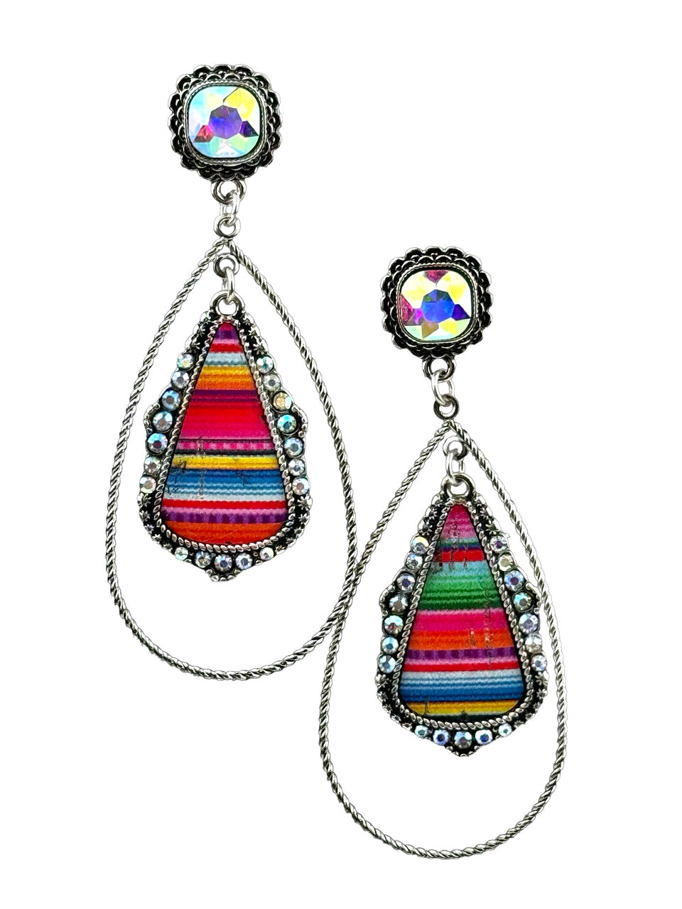 Western serape teardrop earring, square rhinestone post