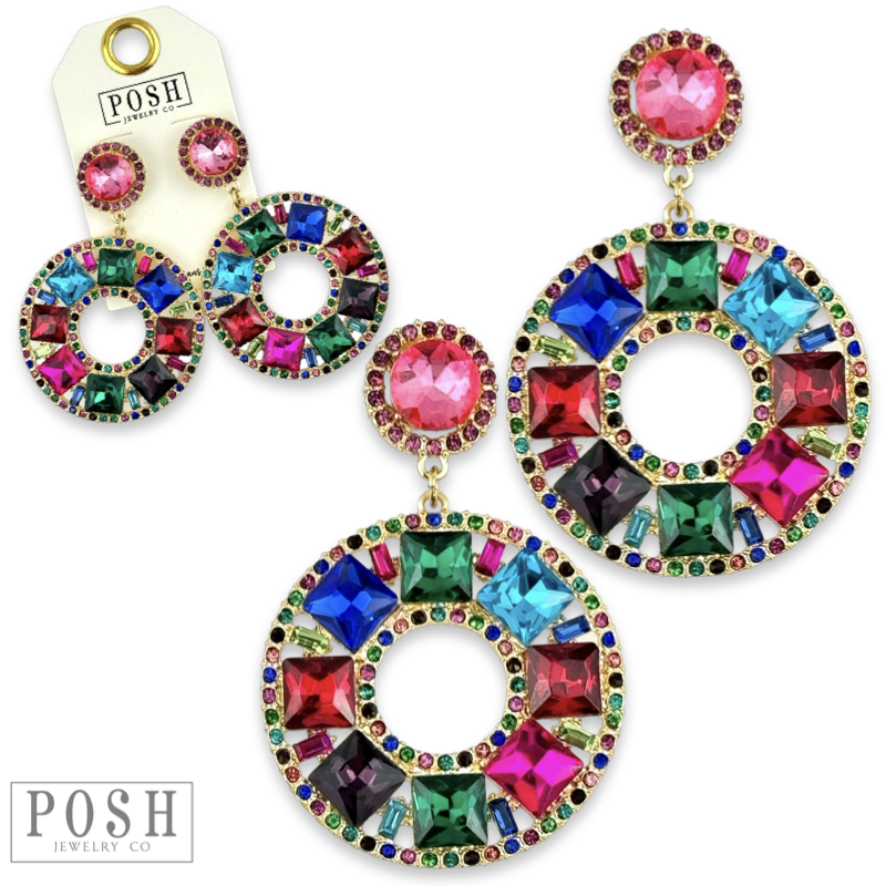 Rhinestone circle dangle earring on rhinestone post