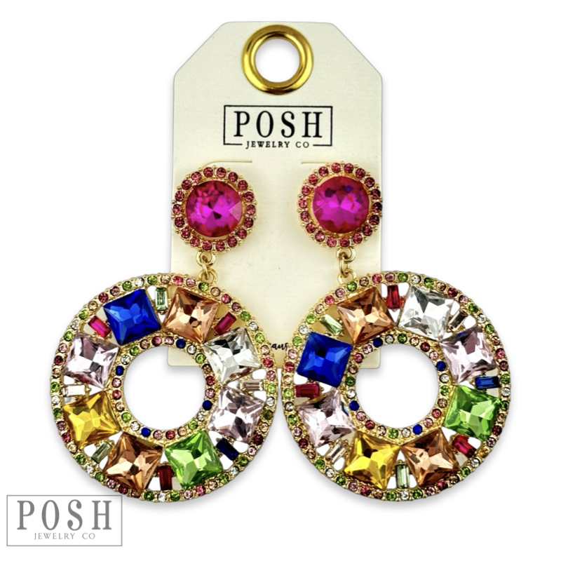 Rhinestone circle dangle earring on rhinestone post