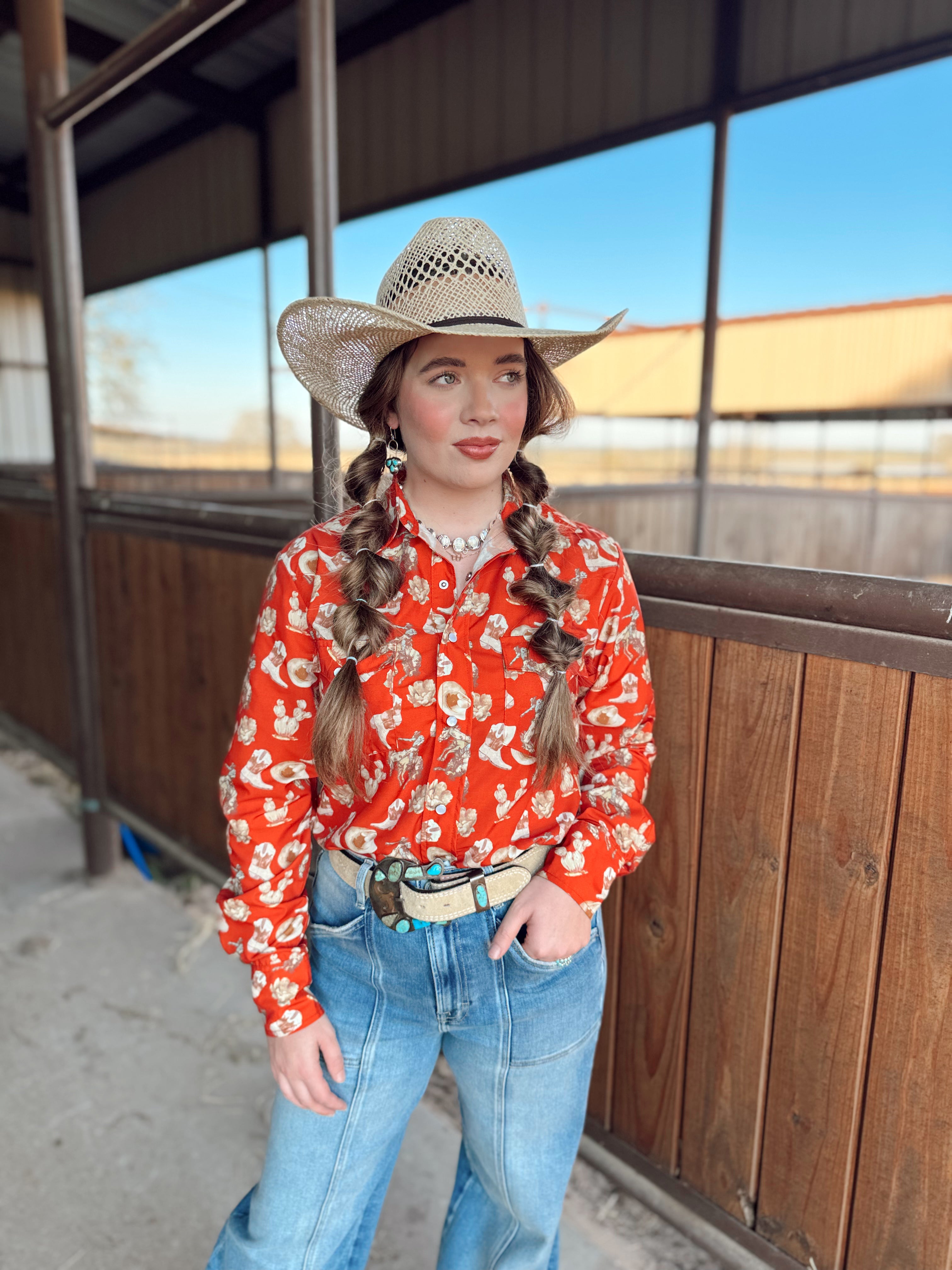 The Red Cactus Pearl Snap Top
