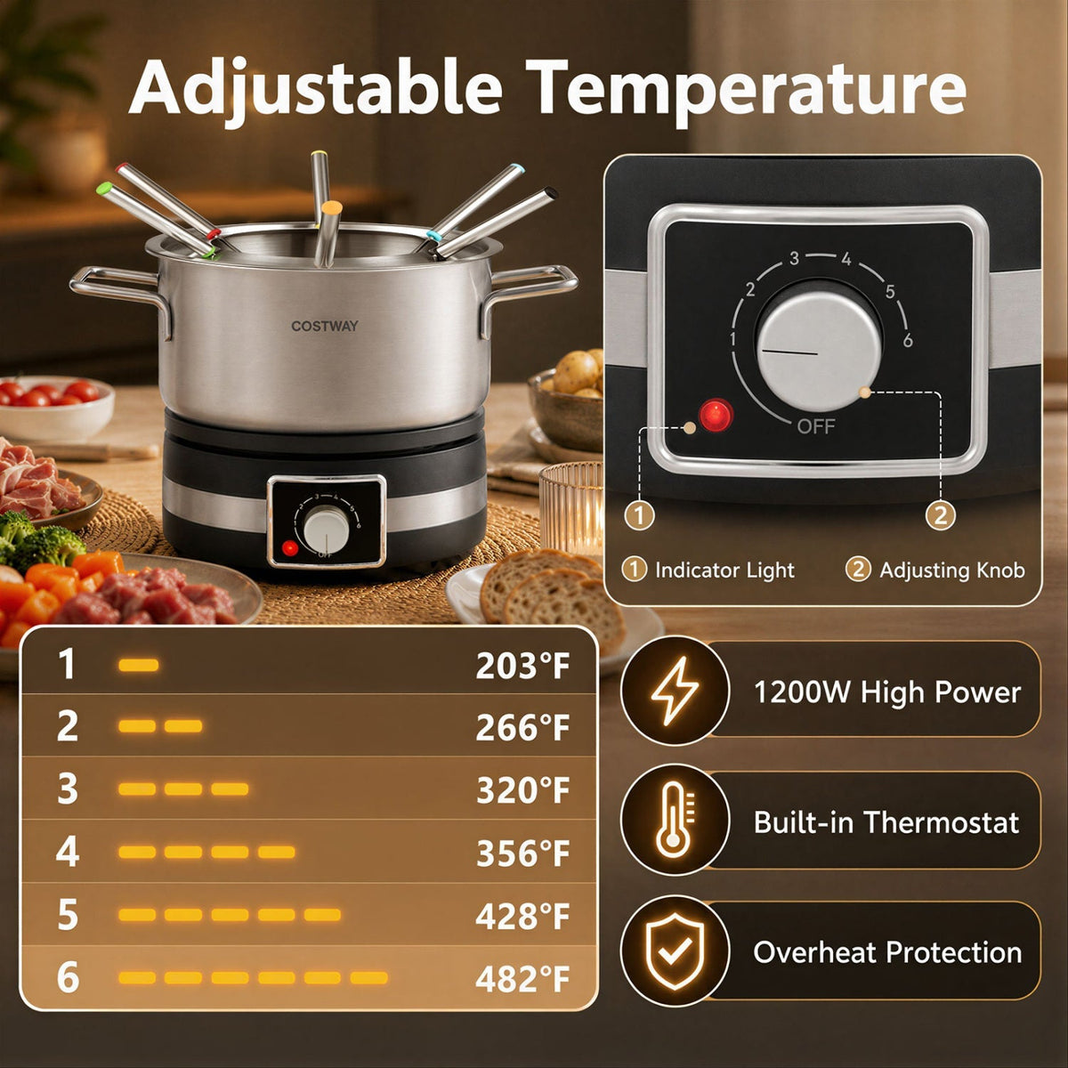 Electric Fondue Pot Set with 6 Forks - 2.6 Quart Capacity