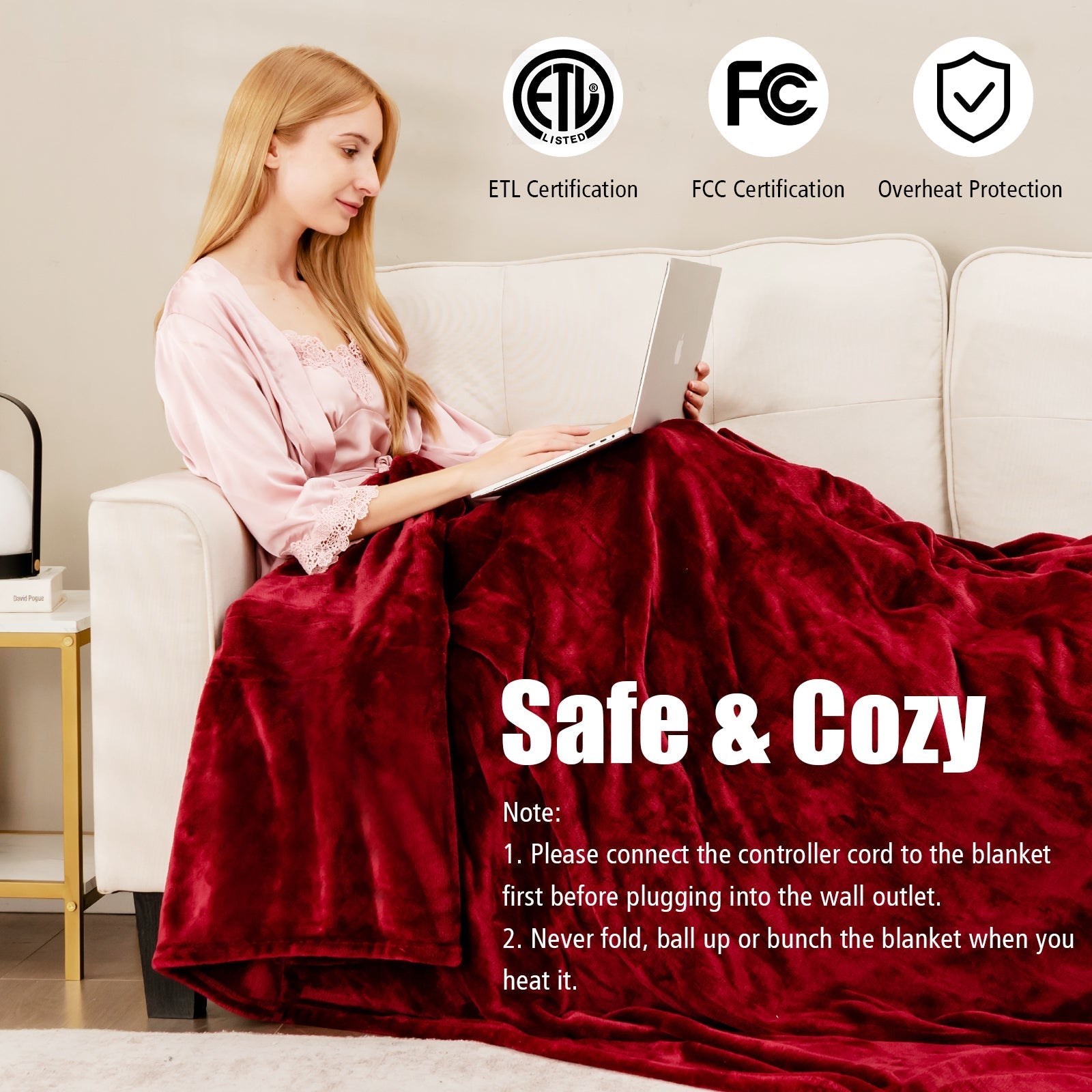 62 x 84 Inch Twin Size Electric Heated Throw Blanket with Timer