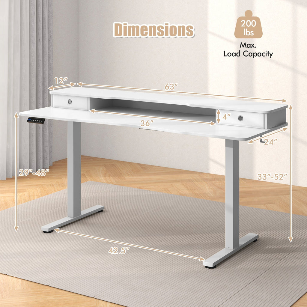 63 Inch x 24 Inch Electric Standing Desk with 2 Drawers