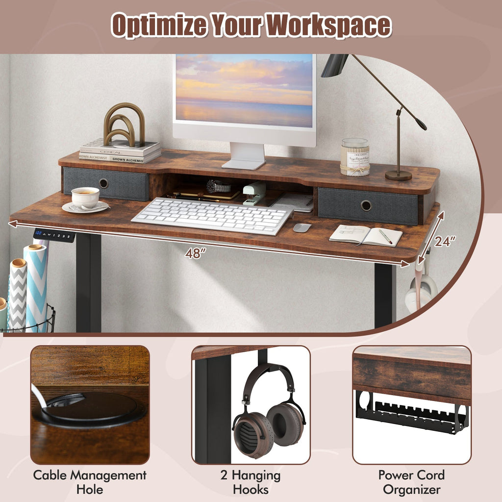 48 Inch x 24 Inch Height Adjustable Electric Standing Desk with 2 Drawers
