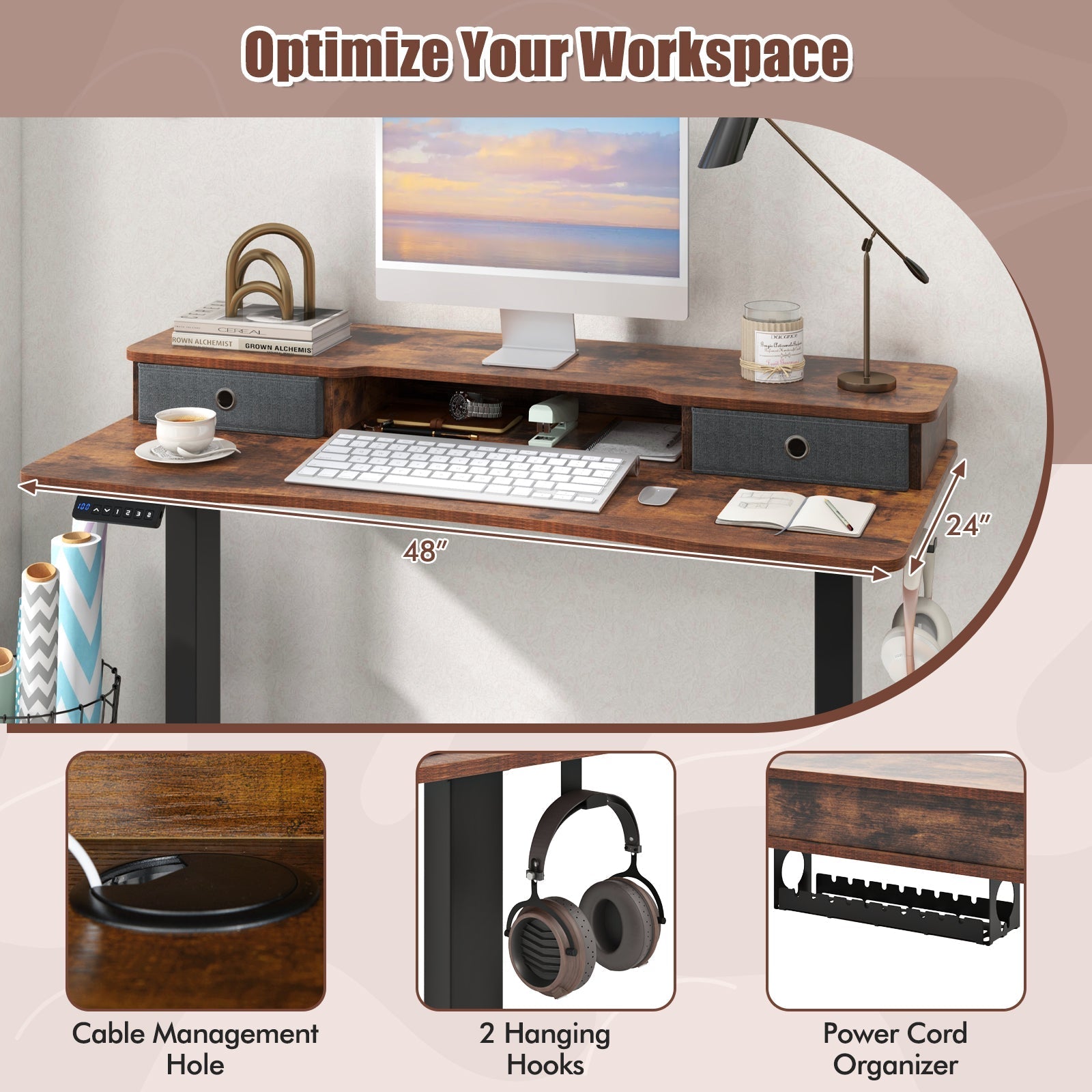 48 Inch x 24 Inch Height Adjustable Electric Standing Desk with 2 Drawers