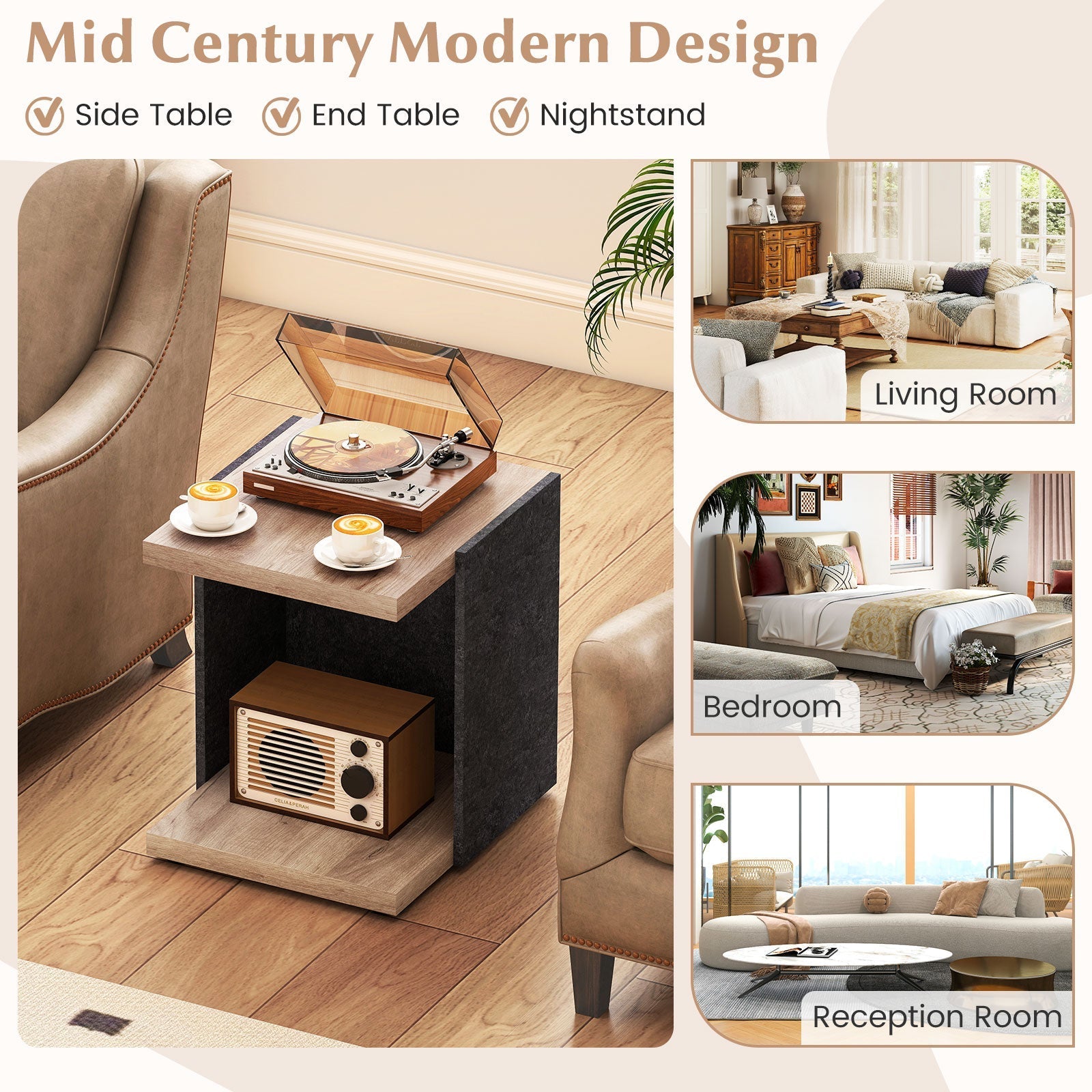 End Table 2-Tier Sofa Side Table with Open Storage Shelf-Oak